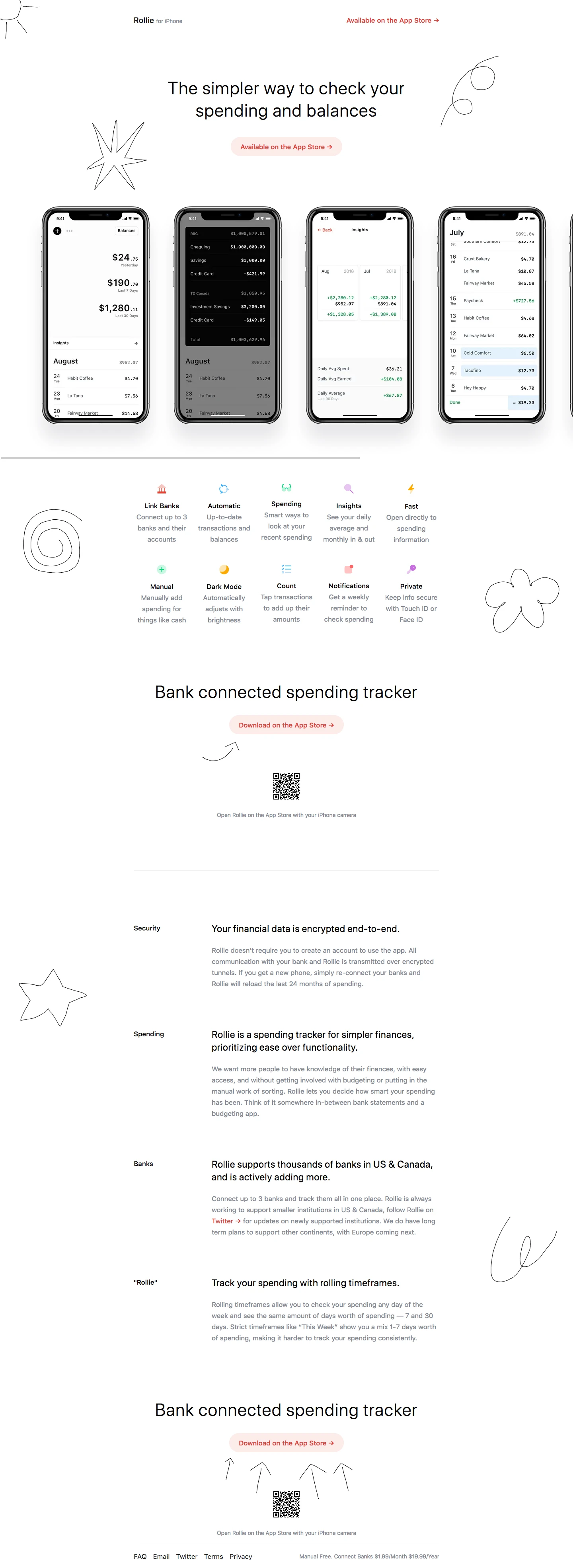 Rollie Landing Page Example: The simpler way to check your spending and balances. Track your spending with up-to-date transactions, balances and helpful insights. Connect up to 3 banks today.