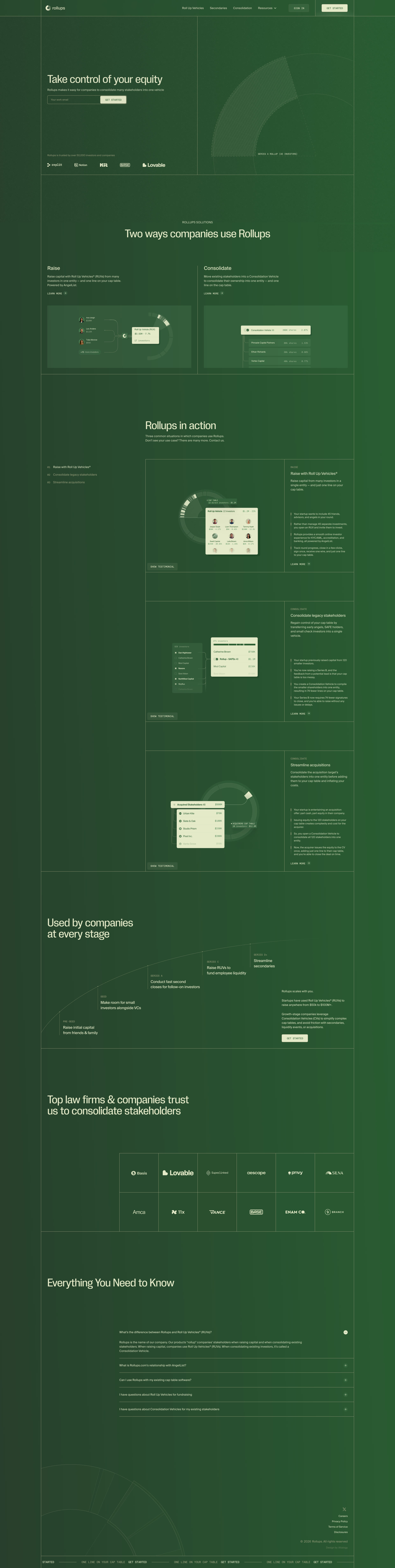 Rollups Landing Page Example: Take control of your equity. Rollups makes it easy for companies to consolidate many stakeholders into one vehicle.