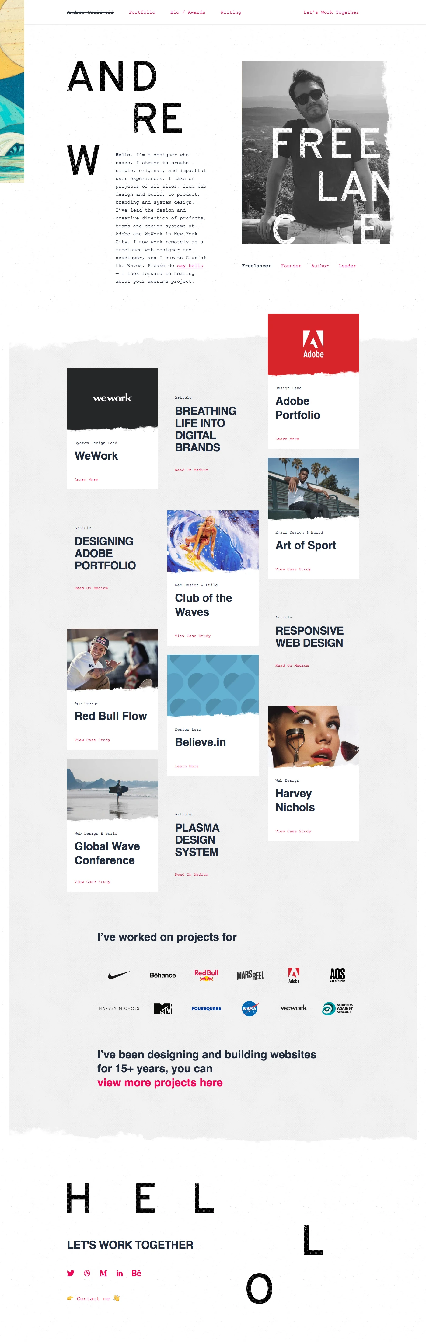Andrew Couldwell Landing Page Example: Andrew Couldwell is a freelance British web designer, creative director and front-end web developer based in Winter Park, Florida. Formerly based in Brooklyn, New York City leading design systems at WeWork, and the design and creative direction of Adobe Portfolio at Behance.