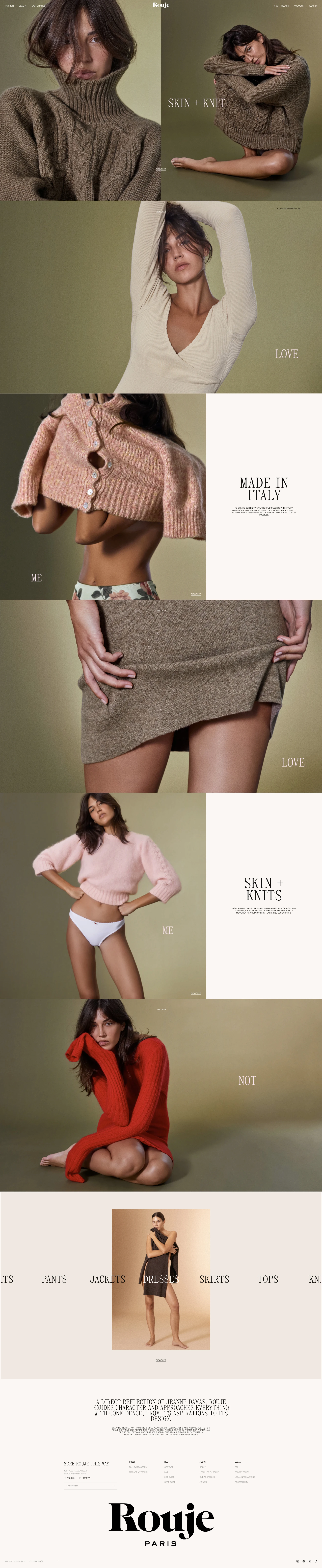 Rouje Landing Page Example: A direct reflection of Jeanne Damas, Rouje exudes character and approaches everything with confidence, from its aspirations to its design.