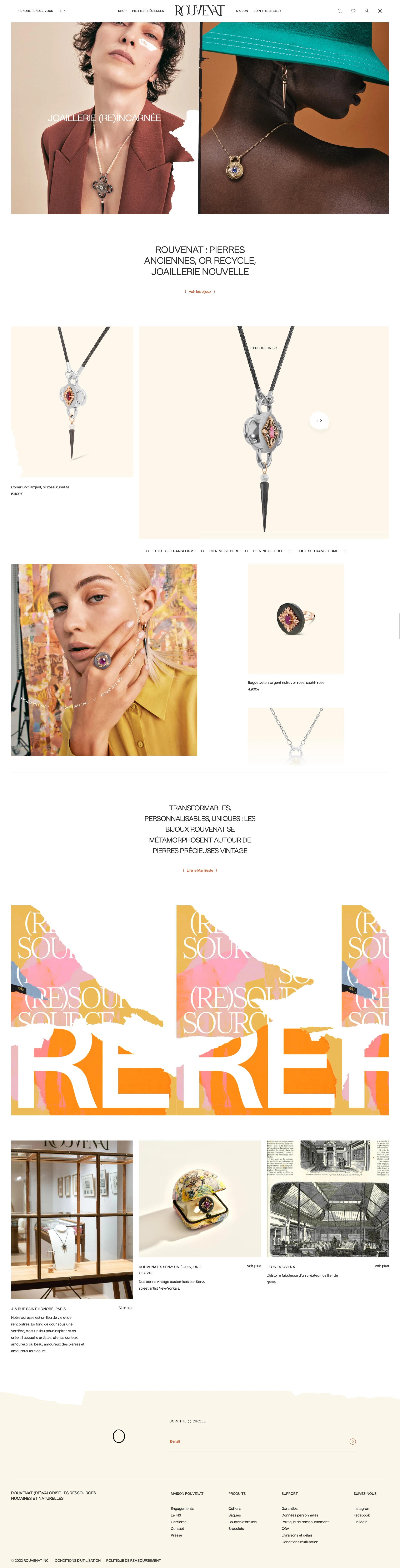 Rouvenat Landing Page Example: Rouvenat, circular jewelry: vintage stones, recycled gold, new jewelry made in France.
