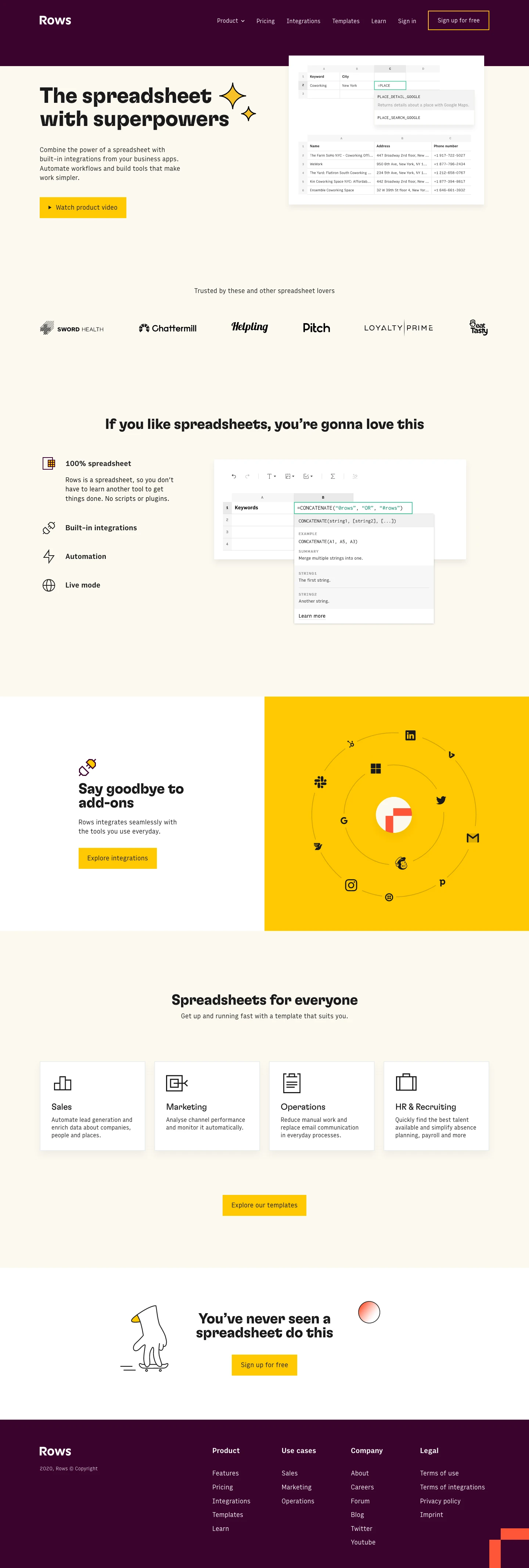 Rows Landing Page Example: Rows is the spreadsheet of your nerdy dreams. Build powerful sales, marketing and operations tools that you and your team will love.
