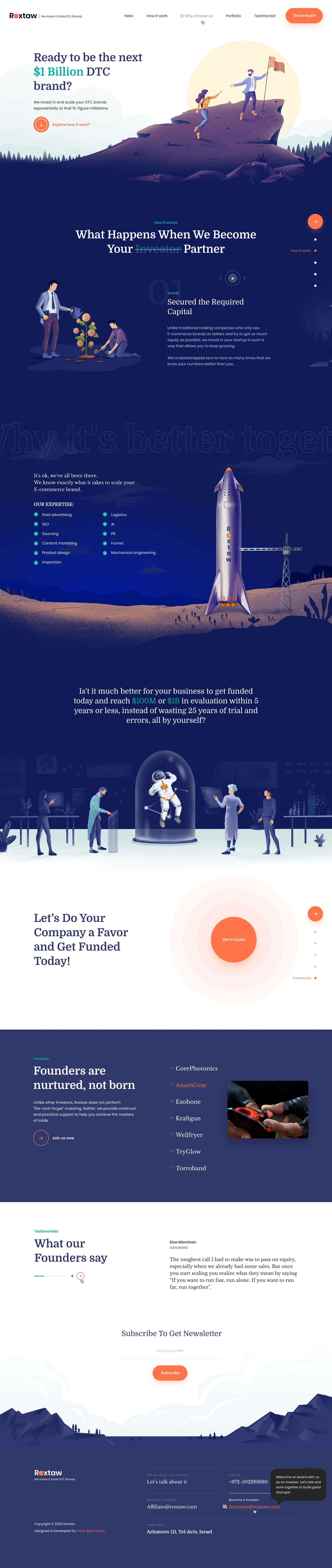 Roxtaw Landing Page Example: We invest in and scale your DTC brands exponentially to that 10-figure milestone.