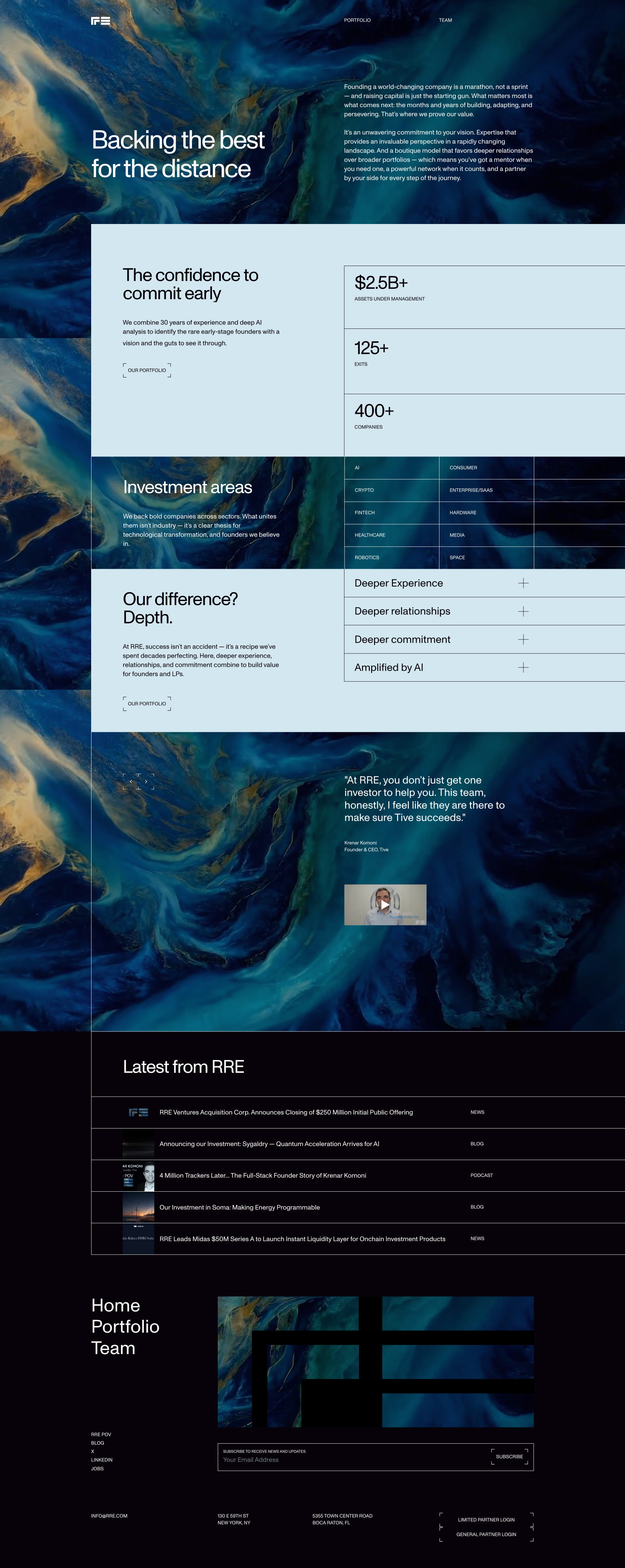 RRE Landing Page Example: RRE is a boutique venture capital firm with 30 years of experience, backing bold early-stage founders across diverse sectors. We provide deep expertise, AI-driven insights, and committed partnerships to help companies build and persevere for the long term.