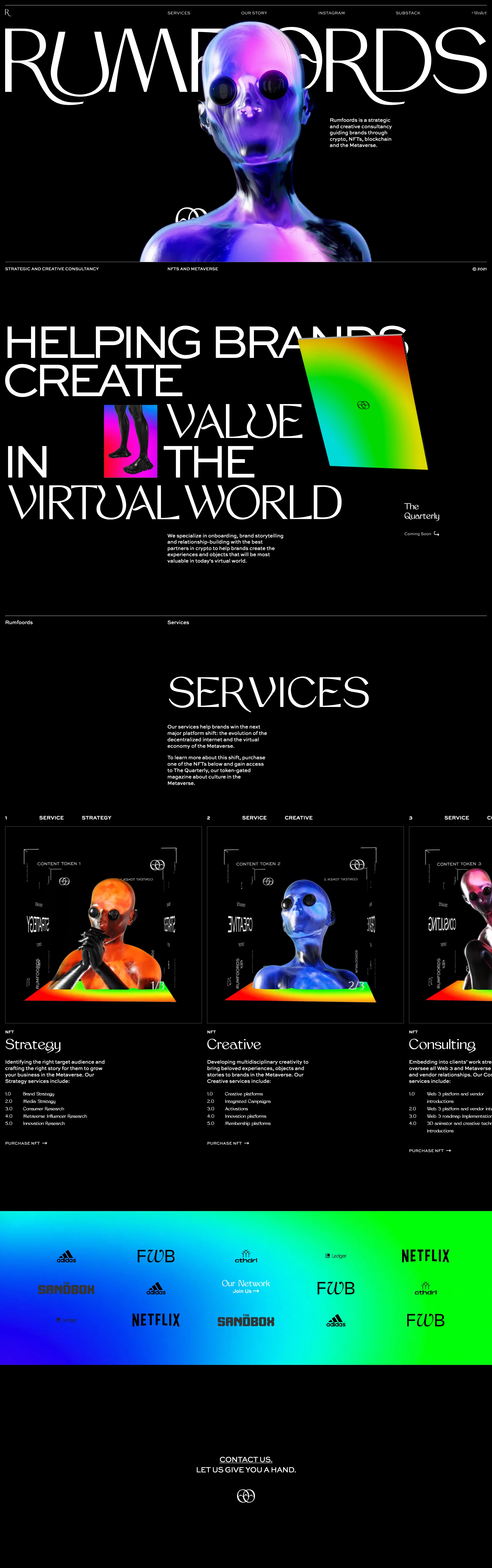 Rumfoords Landing Page Example: Rumfoords is a strategic and creative consultancy guiding brands through crypto, NFTs, blockchain and the Metaverse.