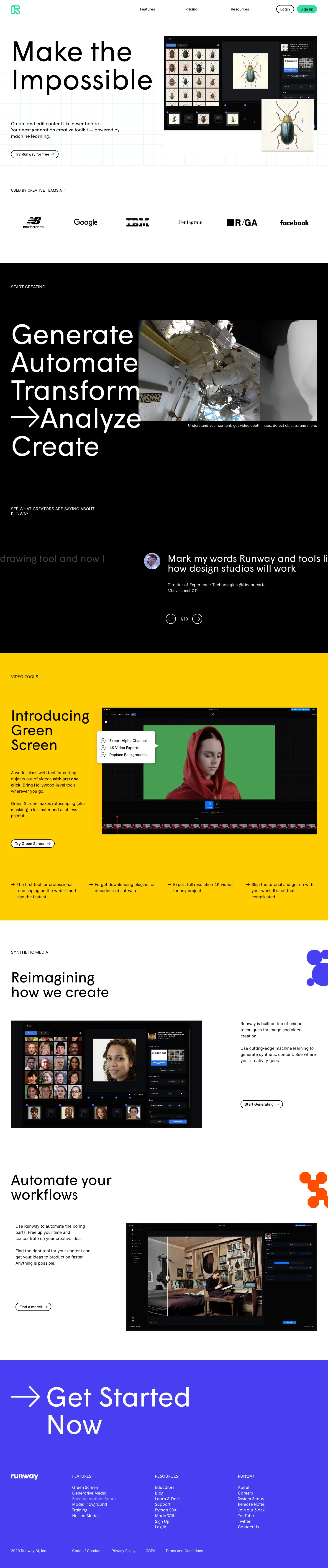 Runway Landing Page Example: Make the Impossible. Create and edit content like never before.Your next generation creative toolkit — powered by machine learning.