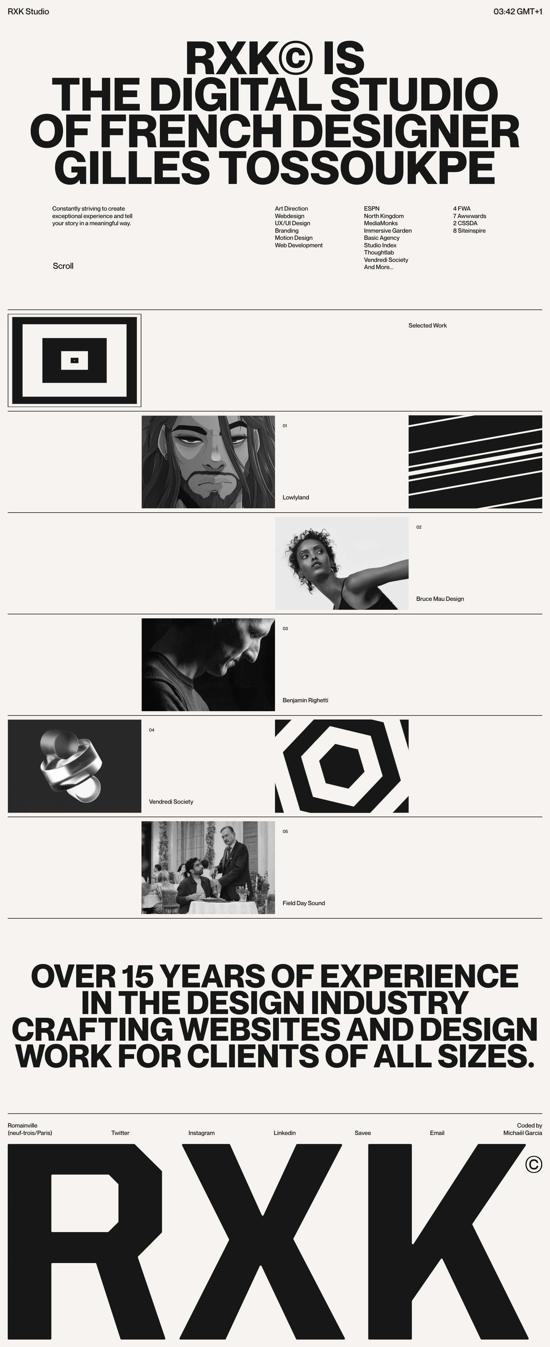 RXK Studio Landing Page Example: RXK is the digital studio of french designer Gilles Tossoukpe. Constantly striving to create exceptional experience and tell your story in a meaningful way.