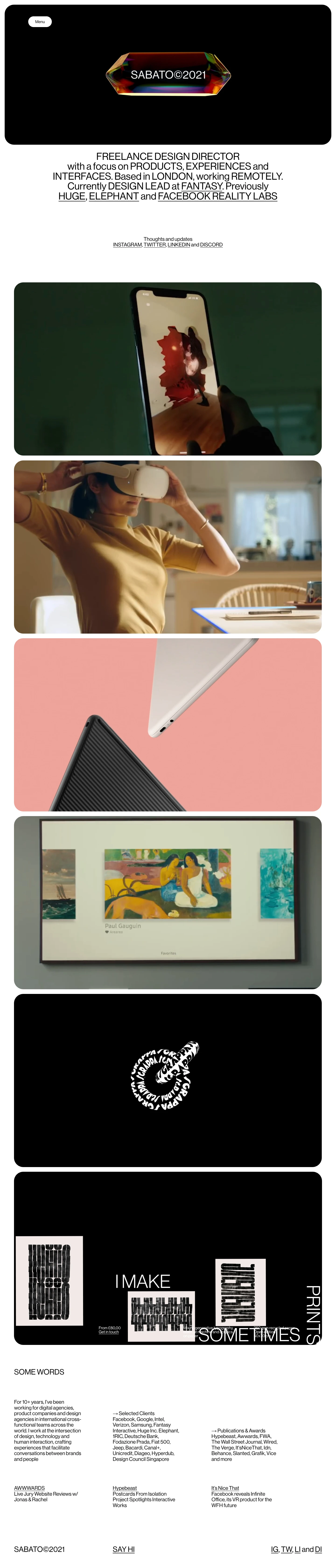 Sabato Landing Page Example: I am a Freelance Design Direction with a focus on Products, Experiences, and Interfaces. Based in London, working remotely.