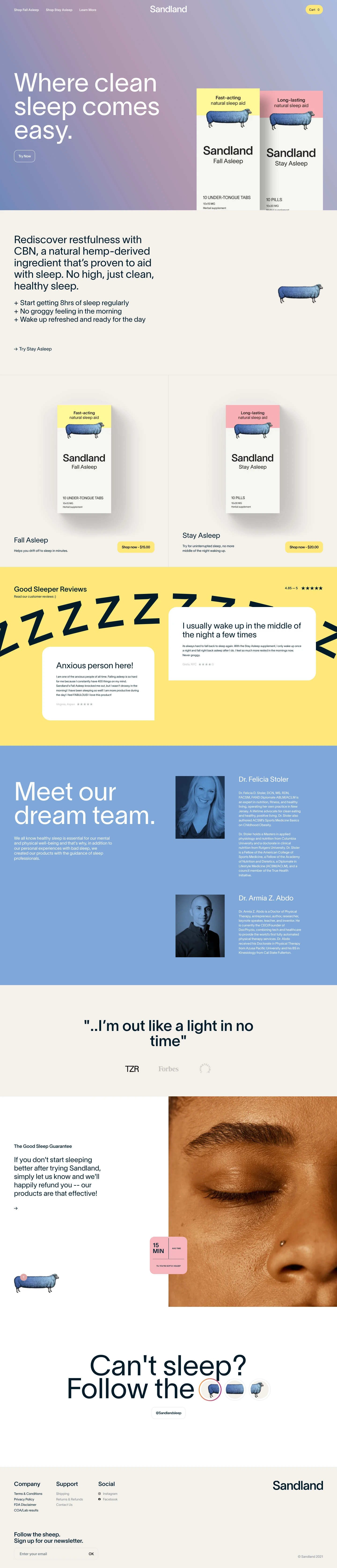 Sandland Landing Page Example: Where clean sleep comes easy. Learn how to get natural sleep, fall asleep faster and stay asleep longer. Sandland Sleep products are made from 100% plant-based natural ingredients.