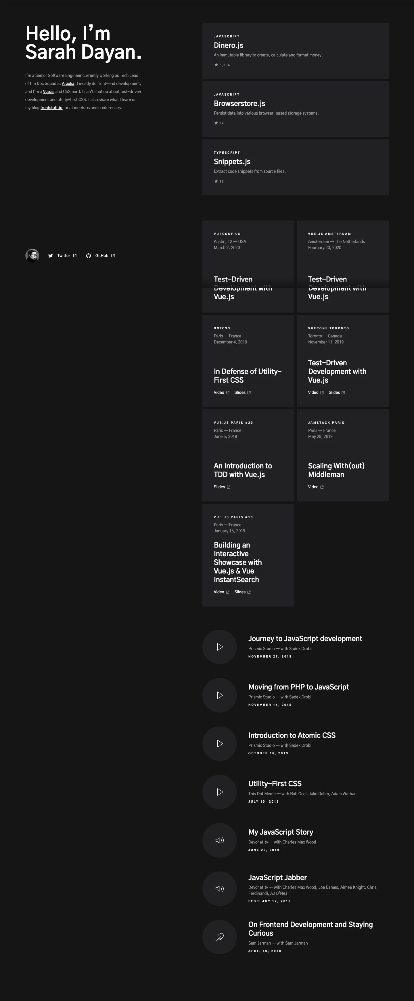 Sarah Dayan Landing Page Example: I’m a Senior Software Engineer currently working as Tech Lead of the Doc Squad at Algolia. I mostly do front-end development, and I’m a Vue.js and CSS nerd. I can't shut up about test-driven development and utility-first CSS. I also share what I learn on my blog frontstuff.io, or at meetups and conferences.
