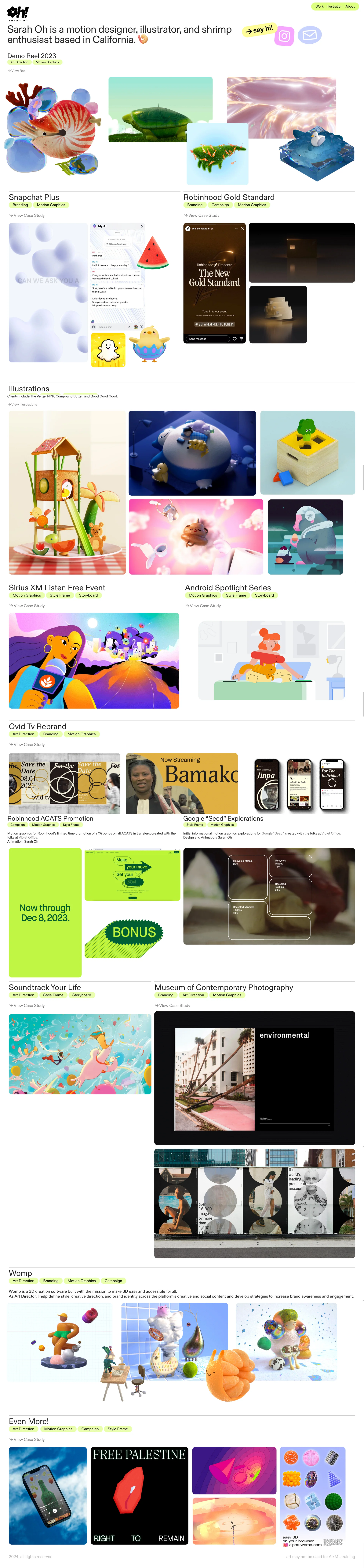 Sarah Oh Landing Page Example: Sarah Oh is a multidisciplinary motion designer, art director, and illustrator based in California.