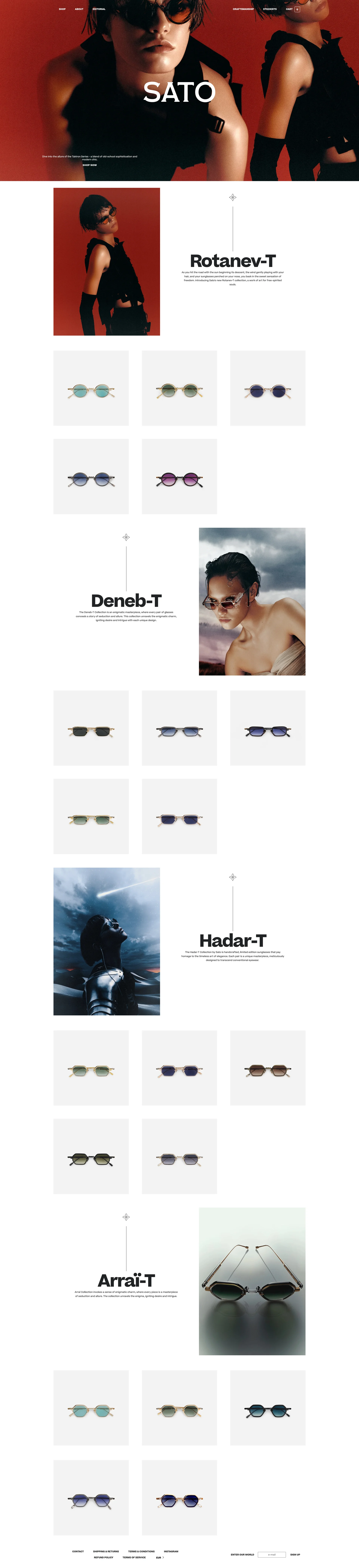 Sato Eyewear Landing Page Example: Sato is an eyewear company specialized in the conceptualization and micro-production of limited edition artisanal eyewear. Sato is synonymous with craftsmanship, precision and precious materials. The house focuses on sophisticated shapes and perfectly crafter details.