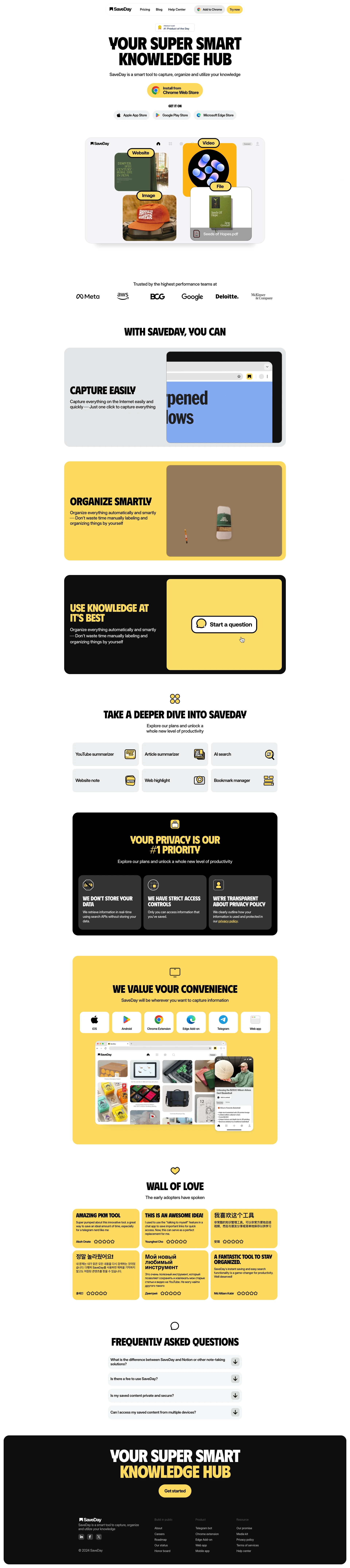 SaveDay Landing Page Example: Your super smart Knowledge Hub. SaveDay is a smart tool to capture, organize and utilize your knowledge.