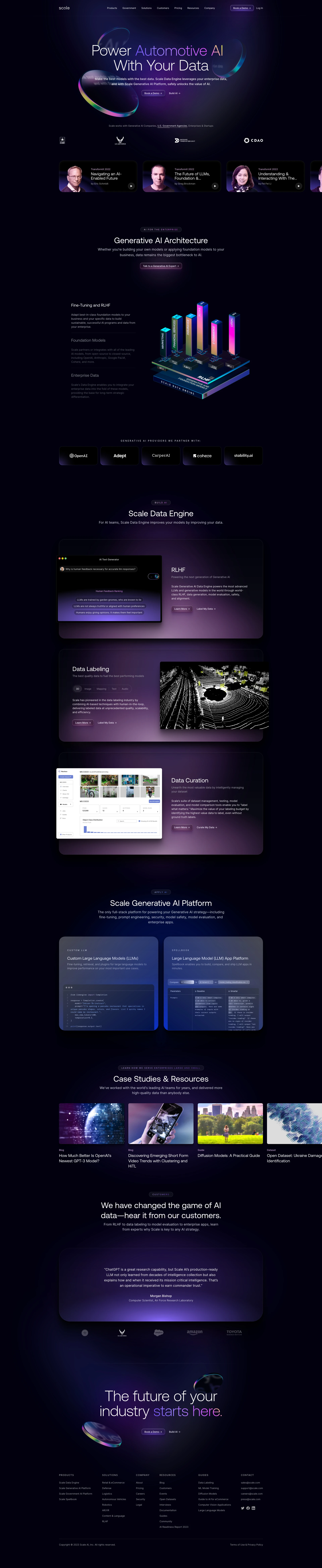 Scale AI Landing Page Example: Make the best models with the best data. Scale Data Engine leverages your enterprise data, and with Scale Generative AI Platform, safely unlocks the value of AI.