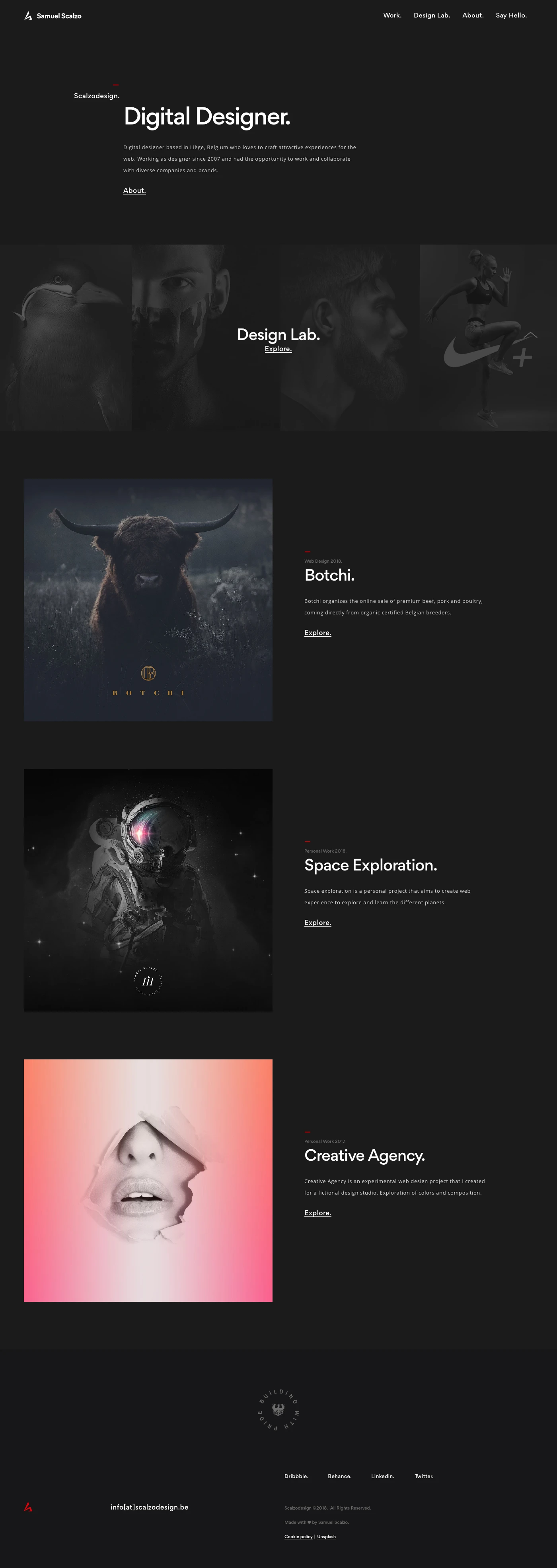 Samuel Scalzo Landing Page Example: Digital designer based in Liège, Belgium focusing on branding, user experience and user interface design. I build digital products since 10 years.