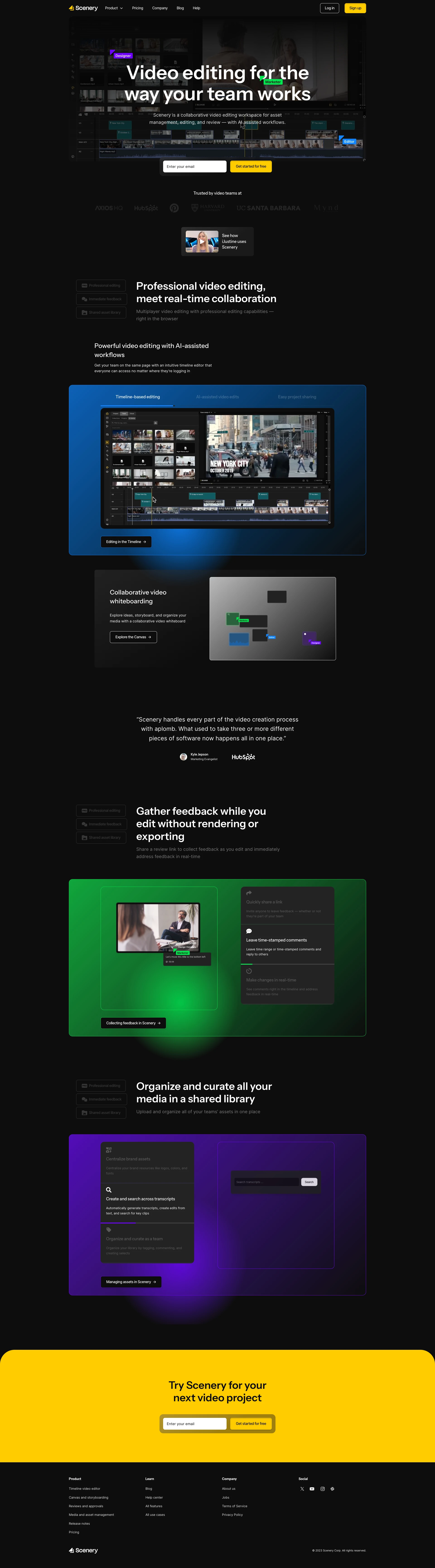 Scenery Landing Page Example: Video editing for the way your team works. Scenery is a collaborative video editing workspace for asset management, editing, and review — with AI assisted workflows.