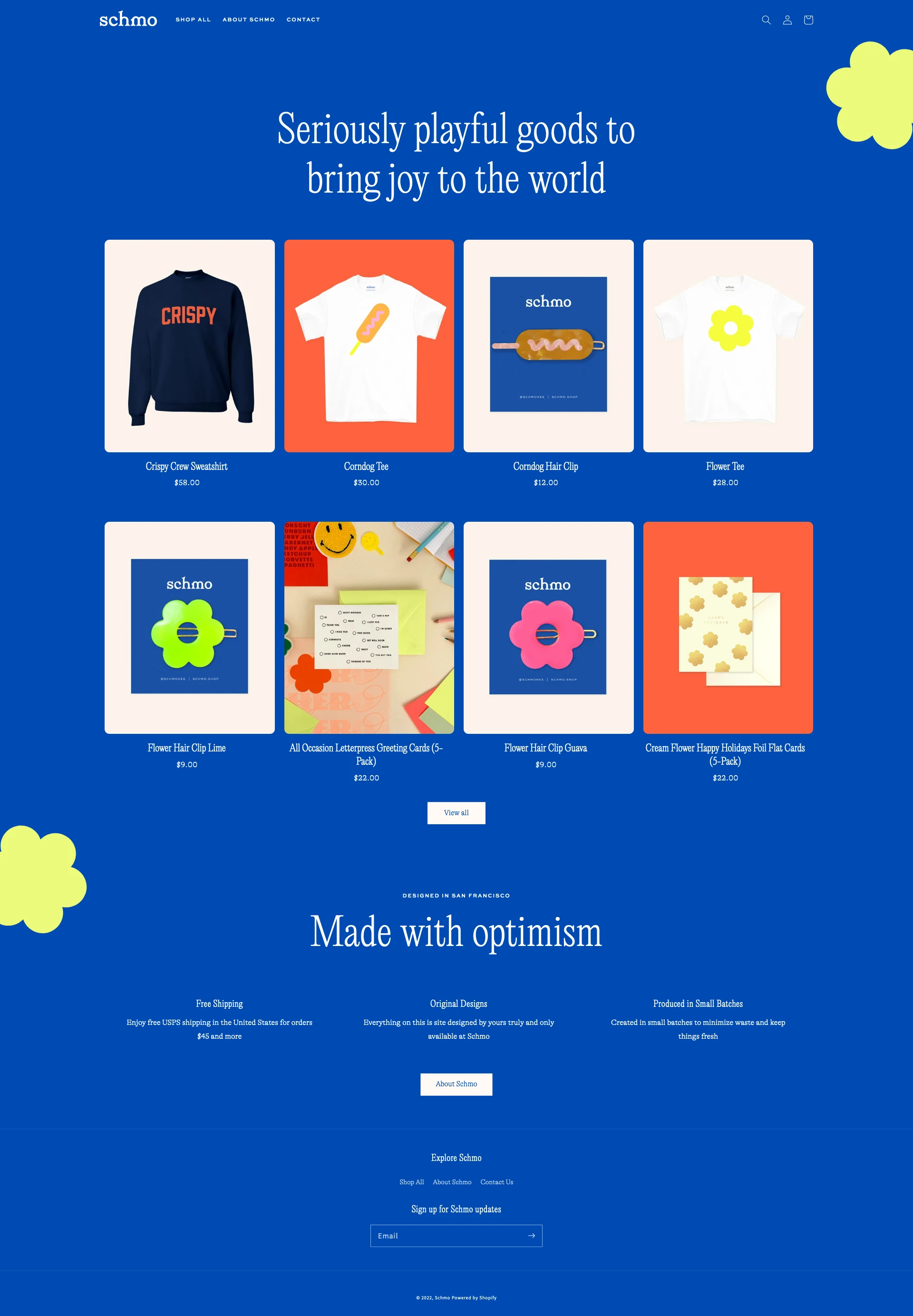 Schmo Landing Page Example: Seriously playful goods to bring joy to the world.