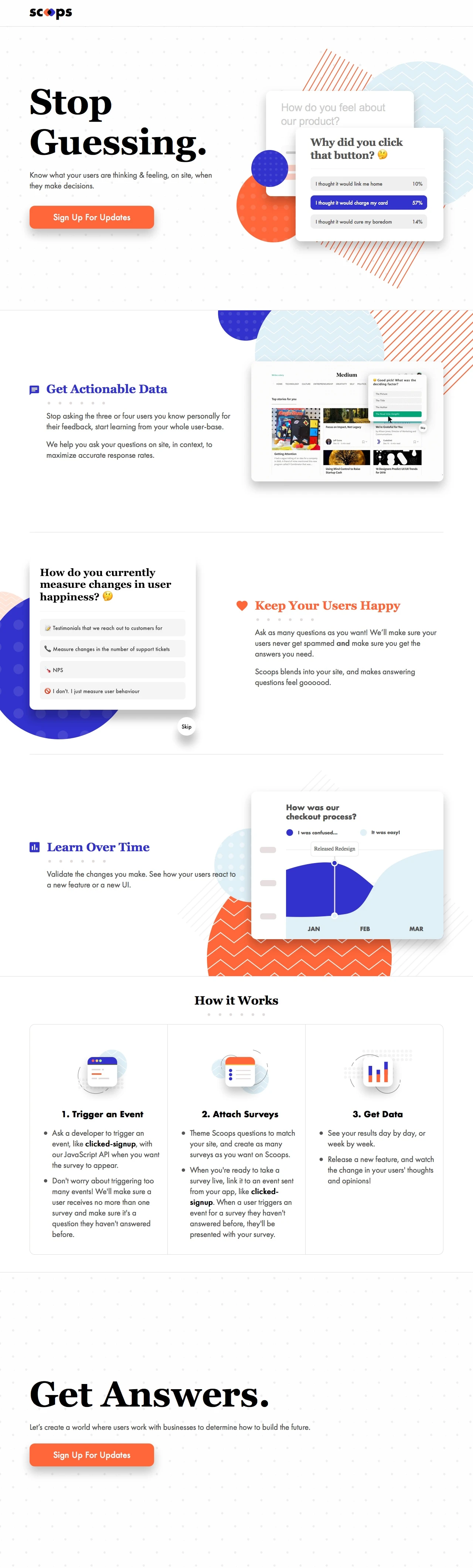 scoops Landing Page Example: Stop guessing. Know what your users are thinking & feeling, on site, when they make decisions.