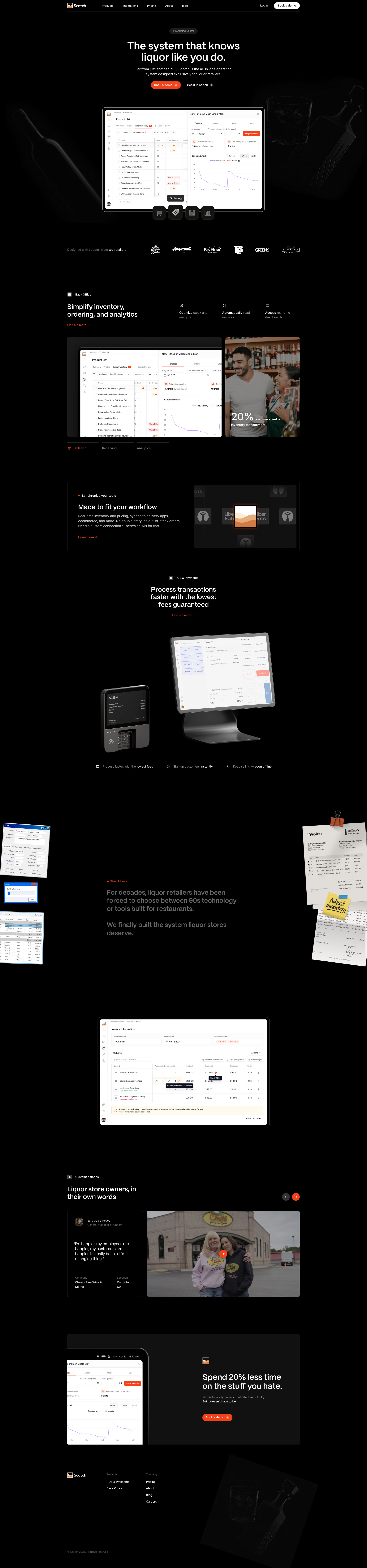 Scotch Landing Page Example: Run your liquor store smarter with Scotch. Fast POS, real-time inventory, and built-in eCommerce — all in one system, designed exclusively for liquor retailers.