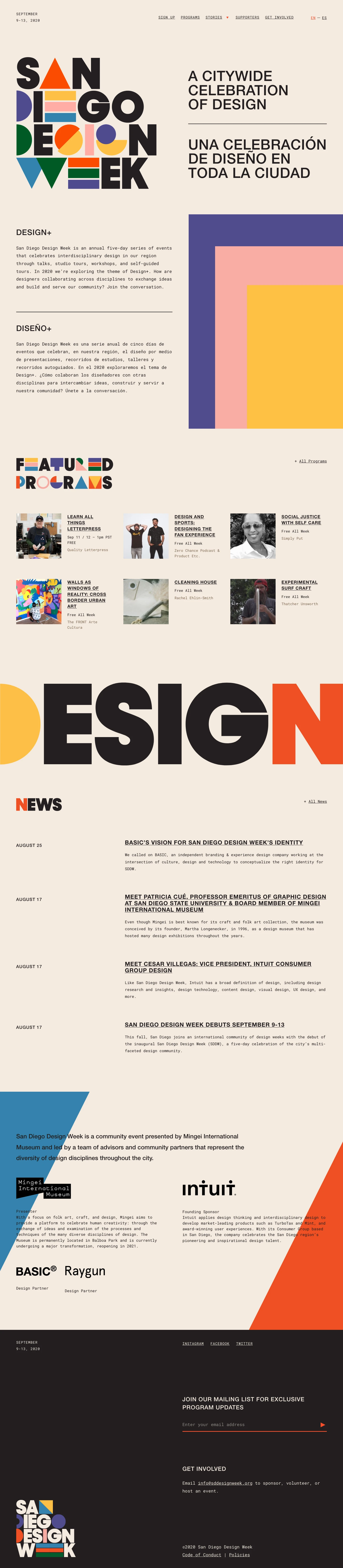 San Diego Design Week Landing Page Example: San Diego Design Week is an annual five-day series of events that celebrates interdisciplinary design in our region through talks, studio tours, workshops, and self-guided tours. In 2020 we’re exploring the theme of Design+. How are designers collaborating across disciplines to exchange ideas and build and serve our community? Join the conversation.