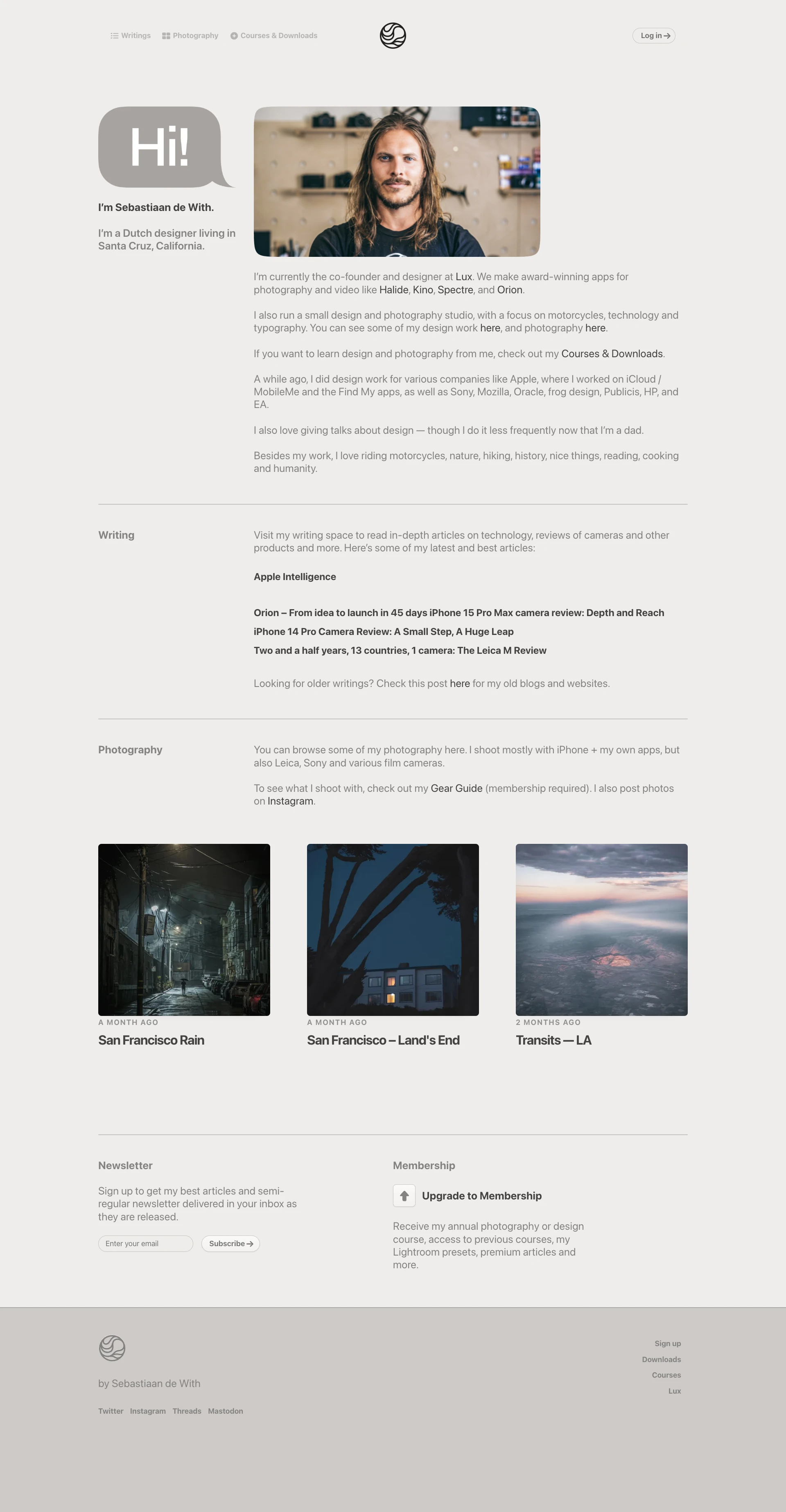 Sebastiaan de With Landing Page Example: I’m currently the co-founder and designer at Lux. We make award-winning apps for photography and video like Halide, Kino, Spectre, and Orion.