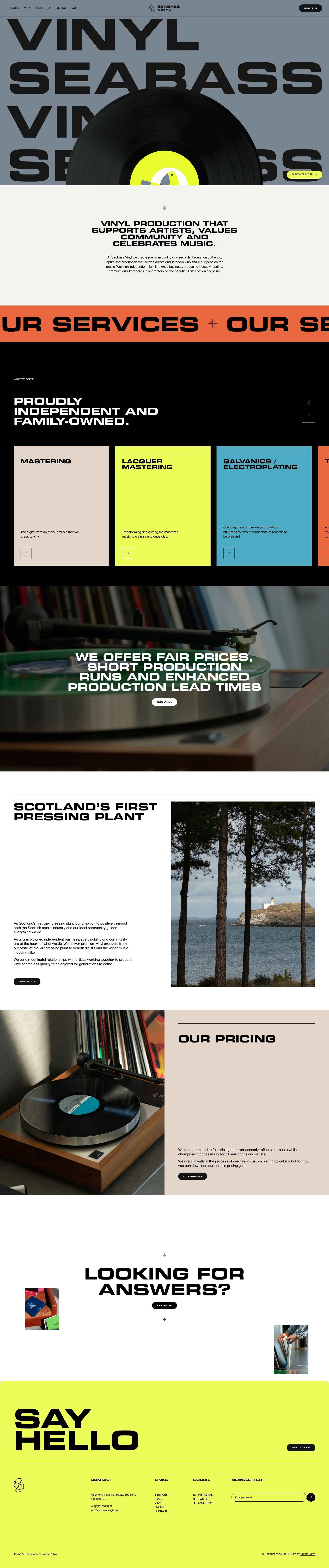 Seabass Vinyl Landing Page Example: We are a full service Low Lead time, Vinyl Record Pressing Plant, State-of-the-art vinyl manufacturing, from Scotland with love. At Seabass Vinyl we create premium quality vinyl records through an authentic, optimised production that serves artists and listeners who share our passion for music. We’re an independent, family-owned business, producing industry-leading, premium quality records in our factory on the beautiful East Lothian coastline.