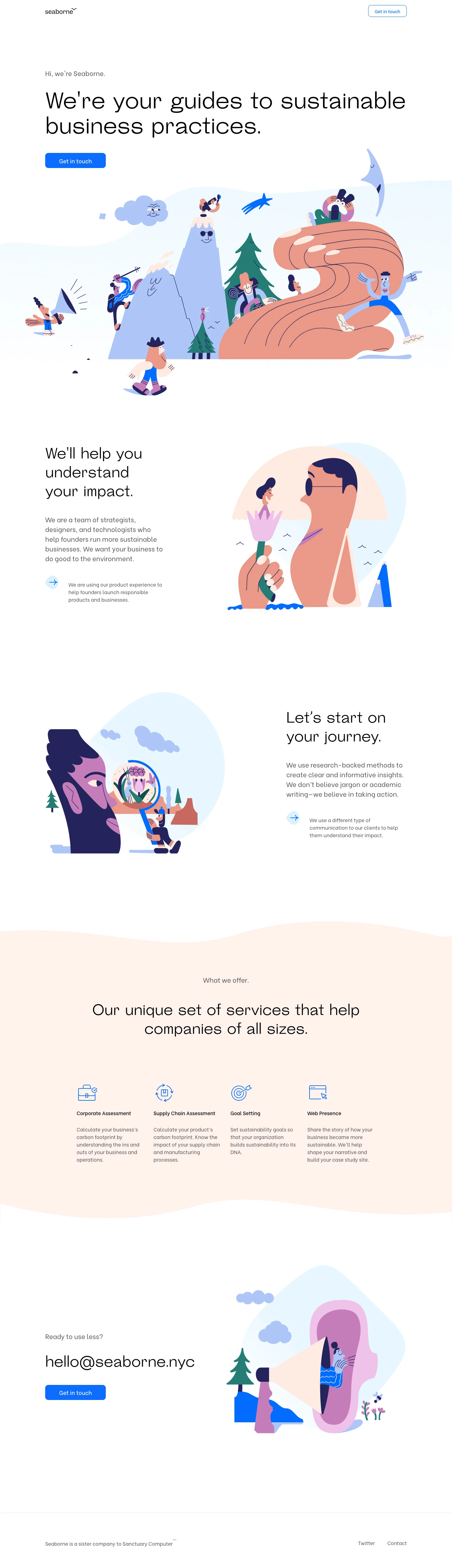Seaborne Landing Page Example: Seaborne uses research-backed methods to help founders run more sustainable businesses. We want your business to do good to the environment by providing corporate assessment, supply chain assessment, goal setting and web presence.