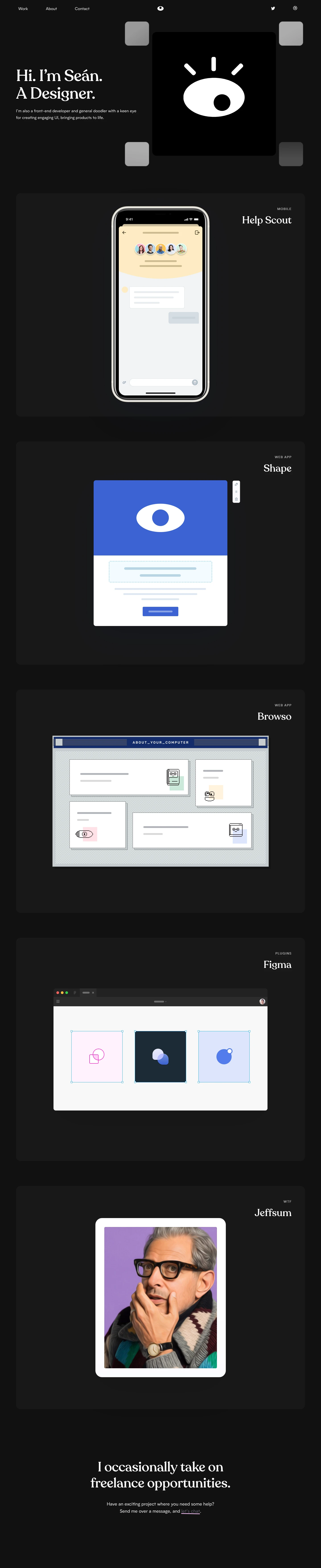 Sean Halpin Landing Page Example: Hi. I’m Seán. A Designer. I’m also a front-end developer and general doodler with a keen eye for creating engaging UI, bringing products to life.