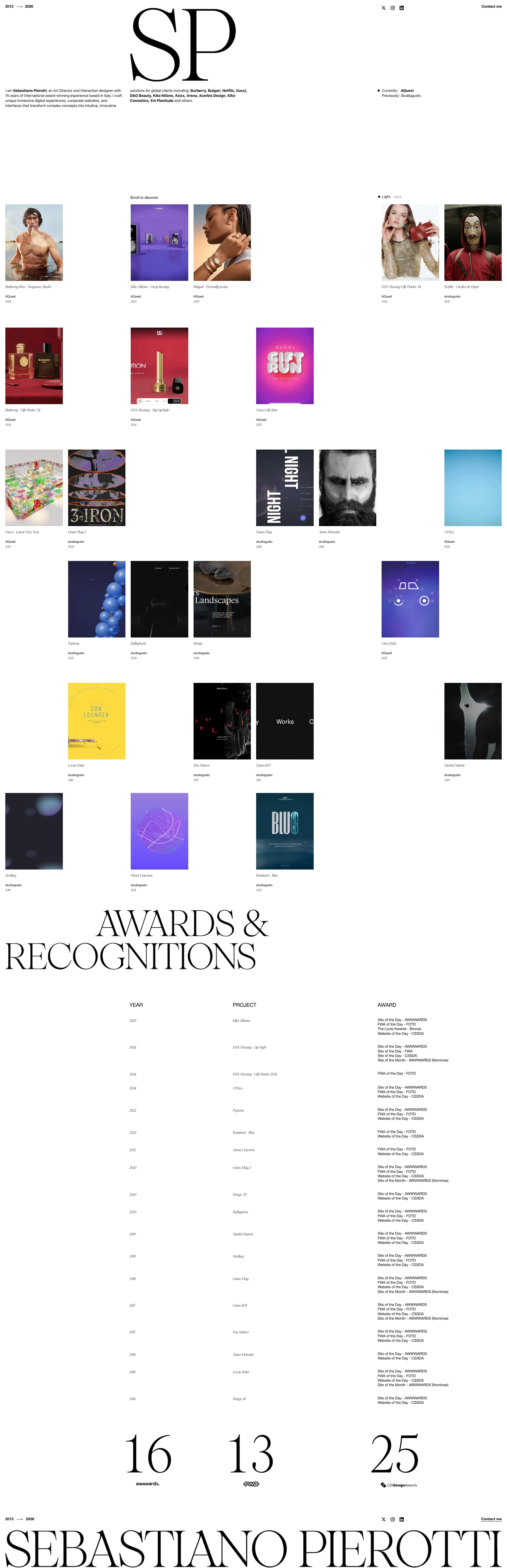 Sebastiano Pierotti Landing Page Example: Sebastiano Pierotti is an Art Director and Interaction Designer with 15+ years of international award-winning experience, creating intuitive and innovative solutions for global clients including Bulgari, Prada, Netflix and more.