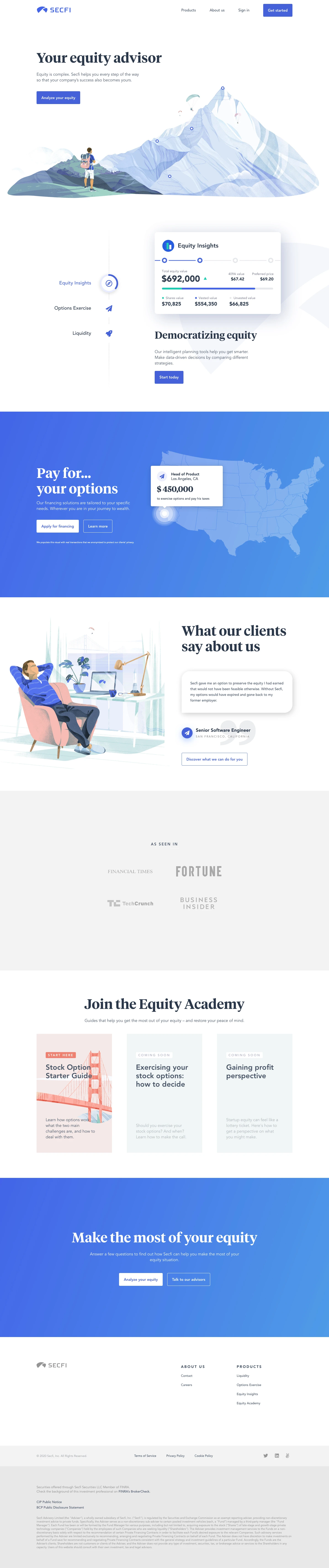 Secfi Landing Page Example: We create equity planning tools that can help you make informed financial decisions from offer to IPO.