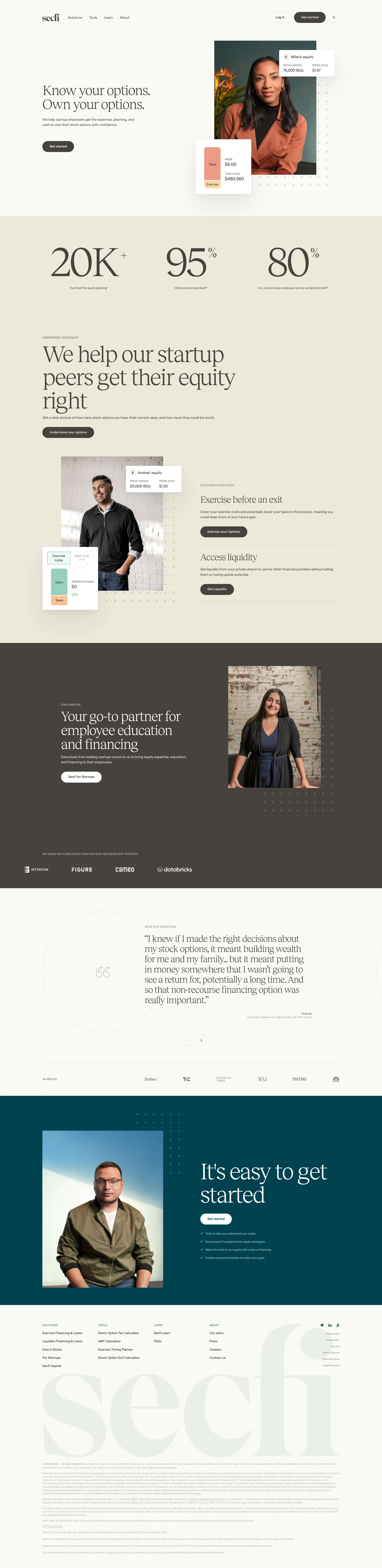 Secfi Landing Page Example: Secfi is the leading provider of equity education and stock option financing. Get the expertise, planning, and cash to own your startup stock options with confidence.