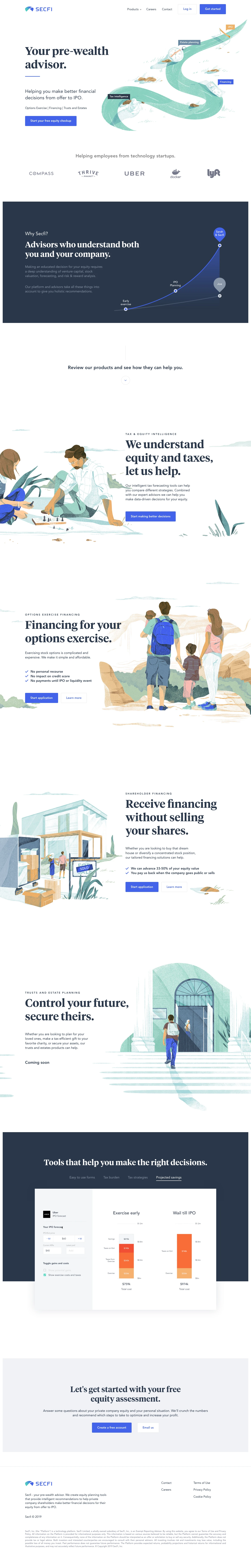 Secfi Landing Page Example: Secfi is your pre-wealth advisor. We create equity planning tools that help you make better financial decisions from offer to IPO.