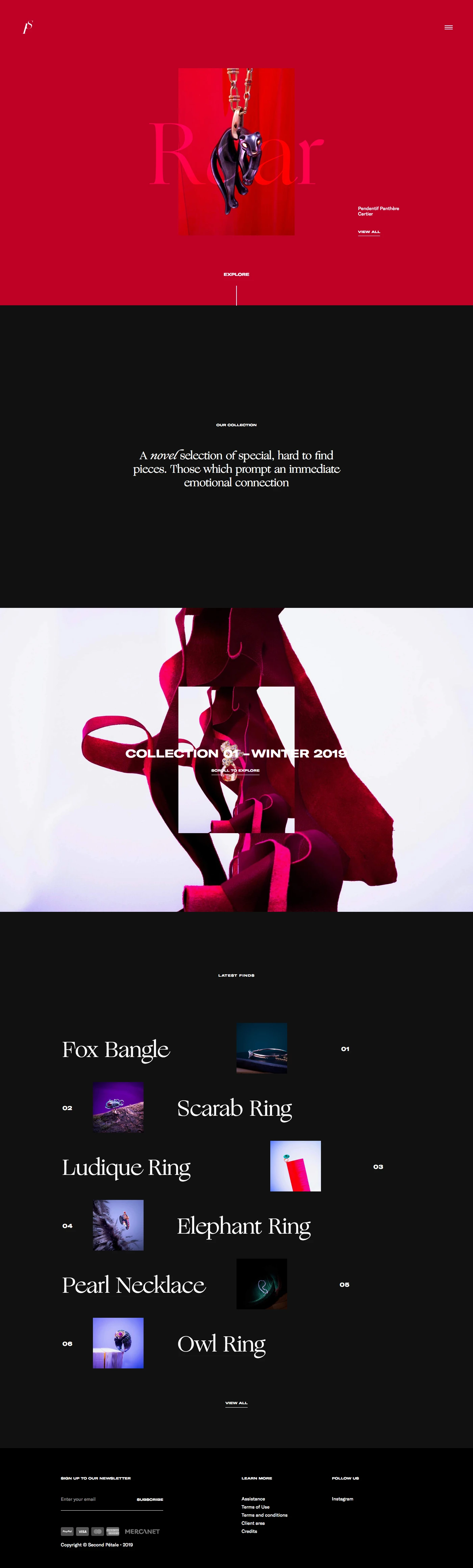 Second Pétale Landing Page Example: Jewelry Gallery. Novel curation of vintage and contemporary jewelry. Rare pieces. Eclectic mix. Style collision.