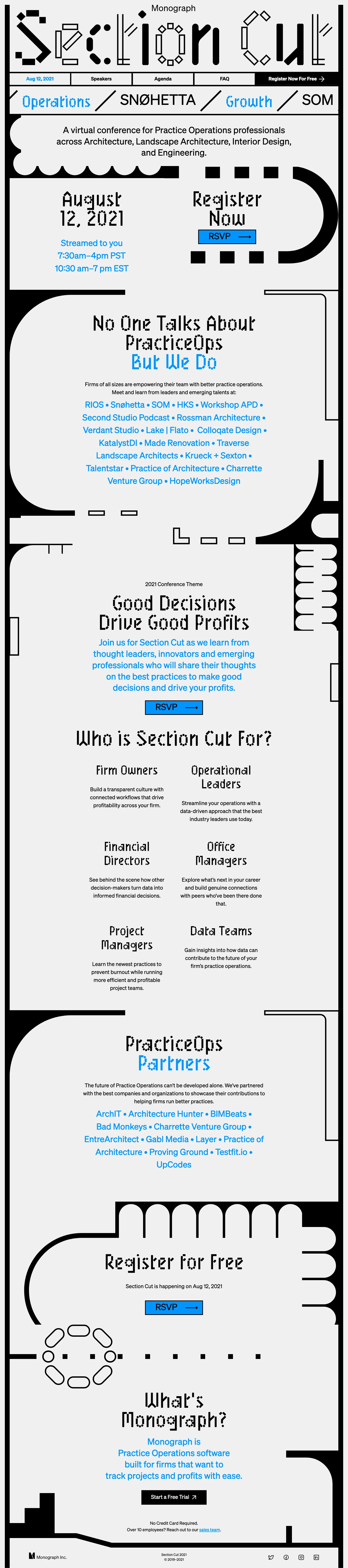 Section Cut Landing Page Example: A virtual conference for Practice Operations professionals across Architecture, Landscape Architecture, Interior Design, and Engineering.