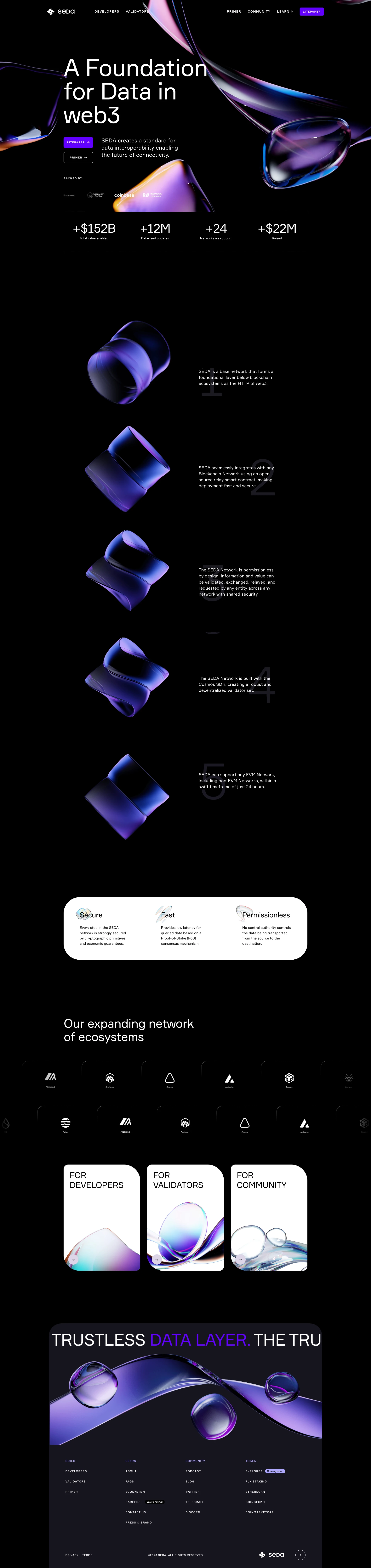 SEDA Landing Page Example: A Foundation for Data in web3. SEDA creates a standard for data interoperability enabling the future of connectivity.