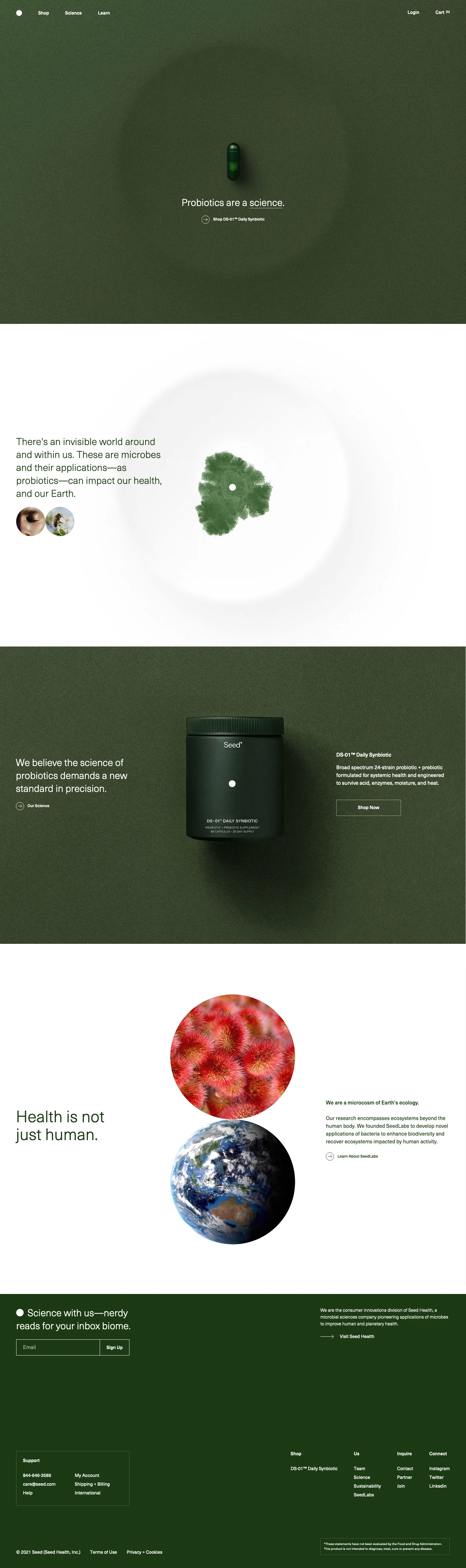 Seed Landing Page Example: Seed develops clinically-studied probiotics to impact human and planetary health. Our first product is the DS-01 Daily Synbiotic—a probiotic + prebiotic for systemic benefits.