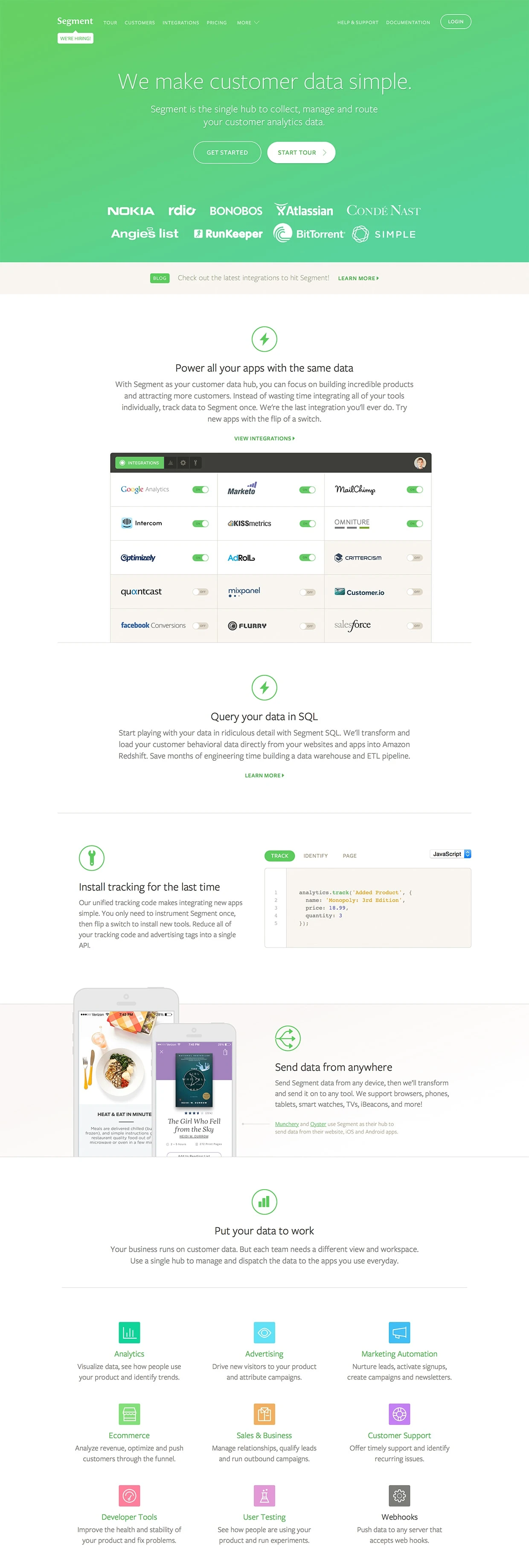 Segment Landing Page Example: Segment is one place to collect customer data and send it to your tools for analytics, marketing automation, and raw data access with SQL.
