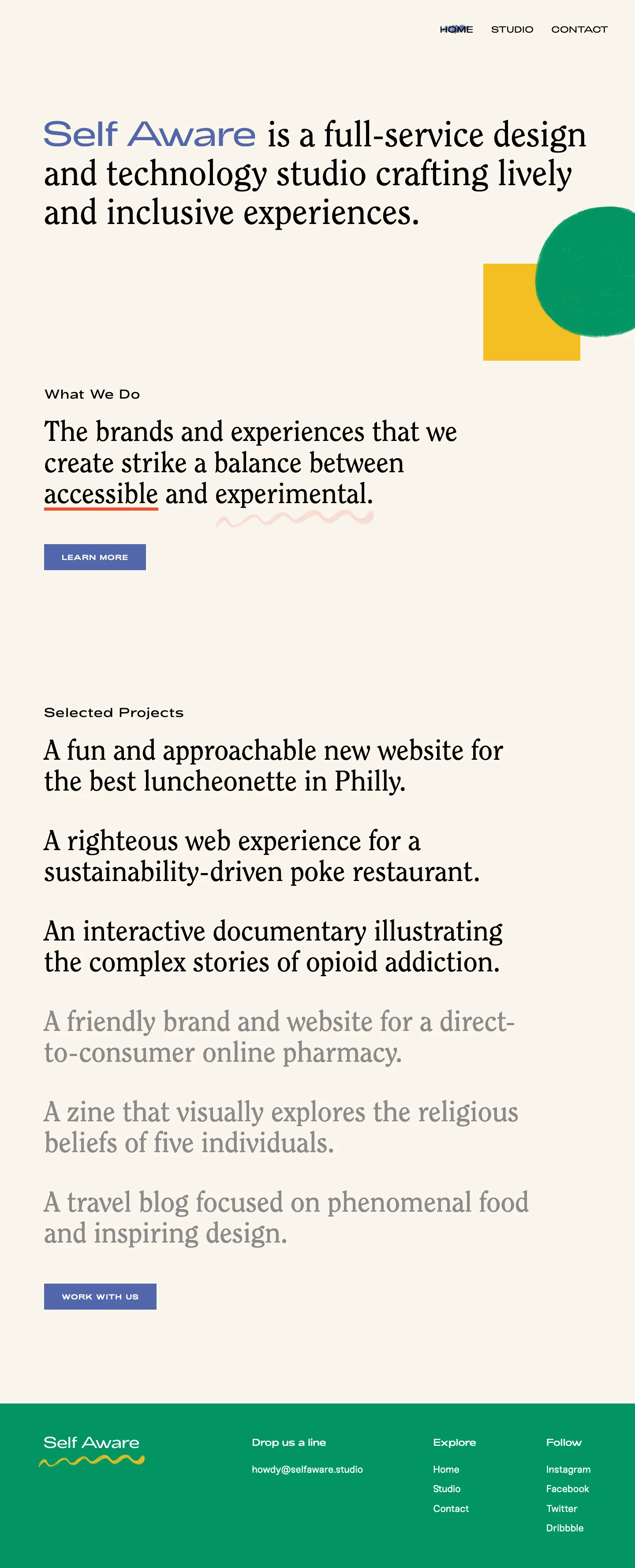 Self Aware Landing Page Example: Self Aware is a full-service design and technology studio crafting lively and inclusive experiences.