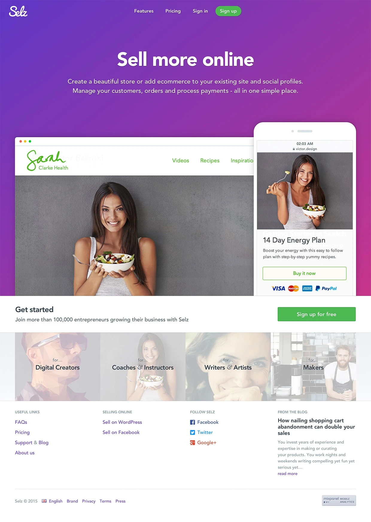 Selz Landing Page Example: Create a beautiful store or add ecommerce to your existing site and social profiles. Manage your customers, orders and process payments - all in one simple place.