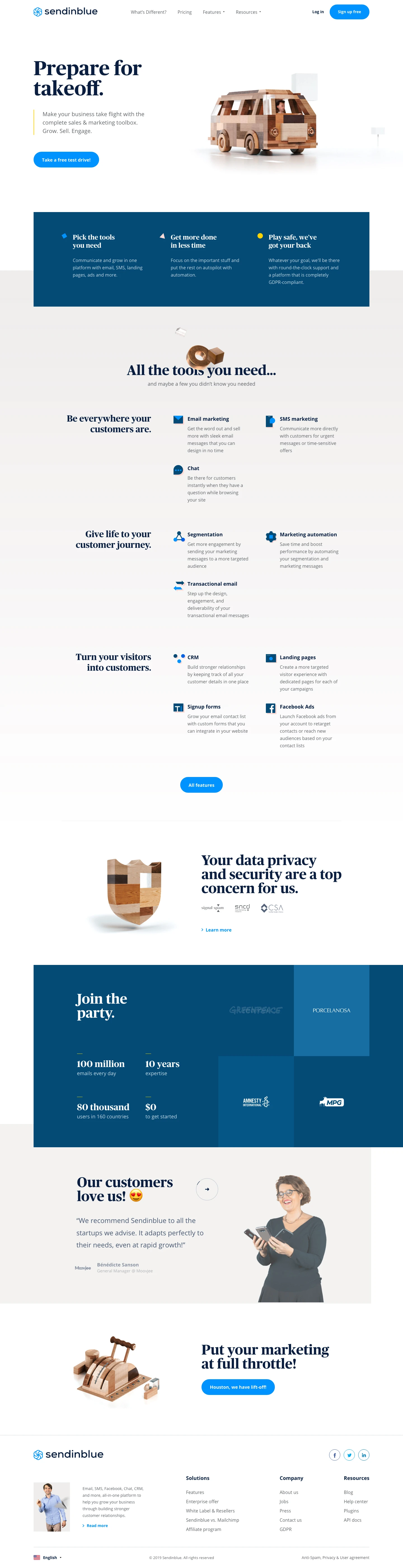 Sendinblue Landing Page Example: Email, SMS, Facebook, Chat, CRM, and more, all-in-one platform to help you grow your business through building stronger customer relationships.