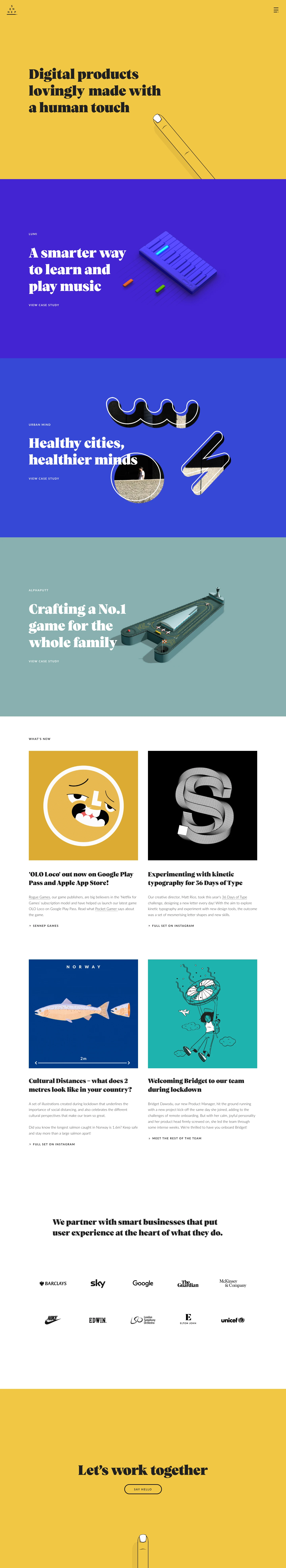 Sennep Landing Page Example: A human touch in a digital world. We design digital products that go beyond pure functionality and usability to evoke trust, joy and brand loyalty. Since 2003 we've been honing our craft as UX and UI specialists. Sennep means mustard. Our secret sauce is adding a kick to the bland sandwiches of the digital world – raising smiles as well as the bottom line.