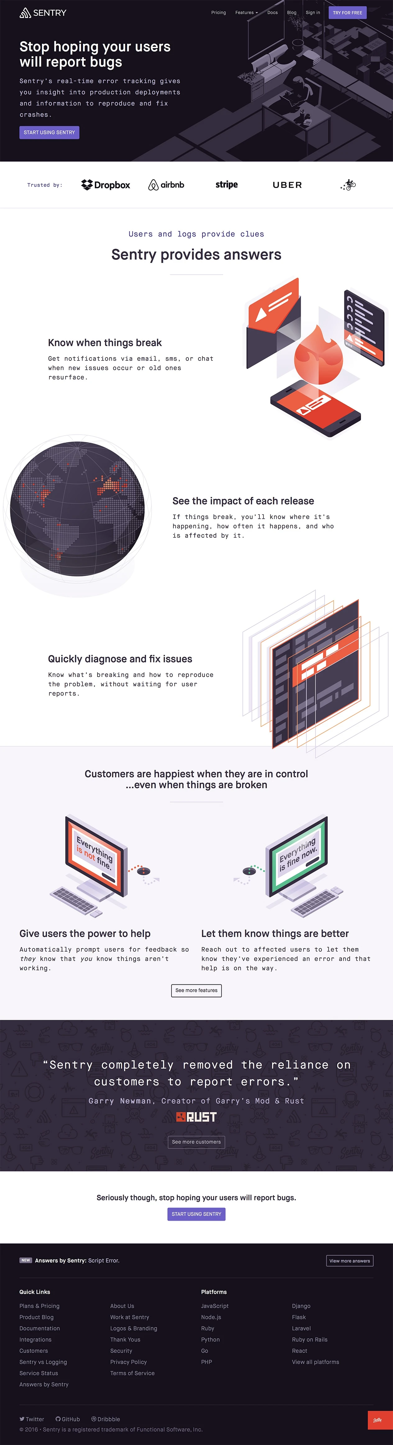 Sentry Landing Page Example: Sentry’s real-time error tracking gives you insight into production deployments and information to reproduce and fix crashes.