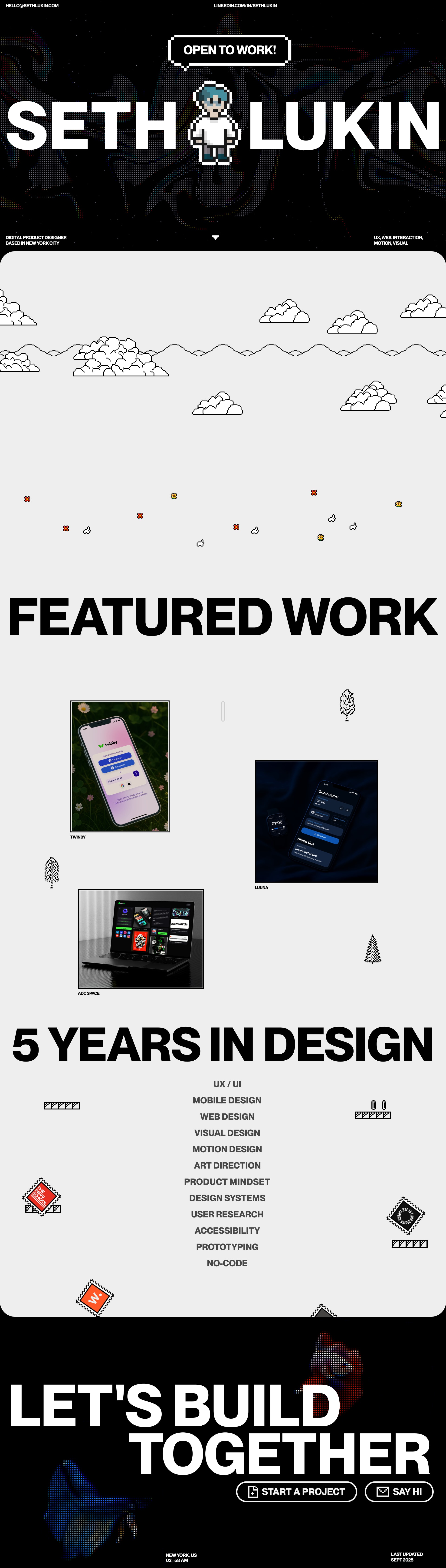 Seth Lukin Landing Page Example: A colorful corner of the internet where Seth shares design work across product, visual, and motion — infused with pixel nostalgia and playful details.