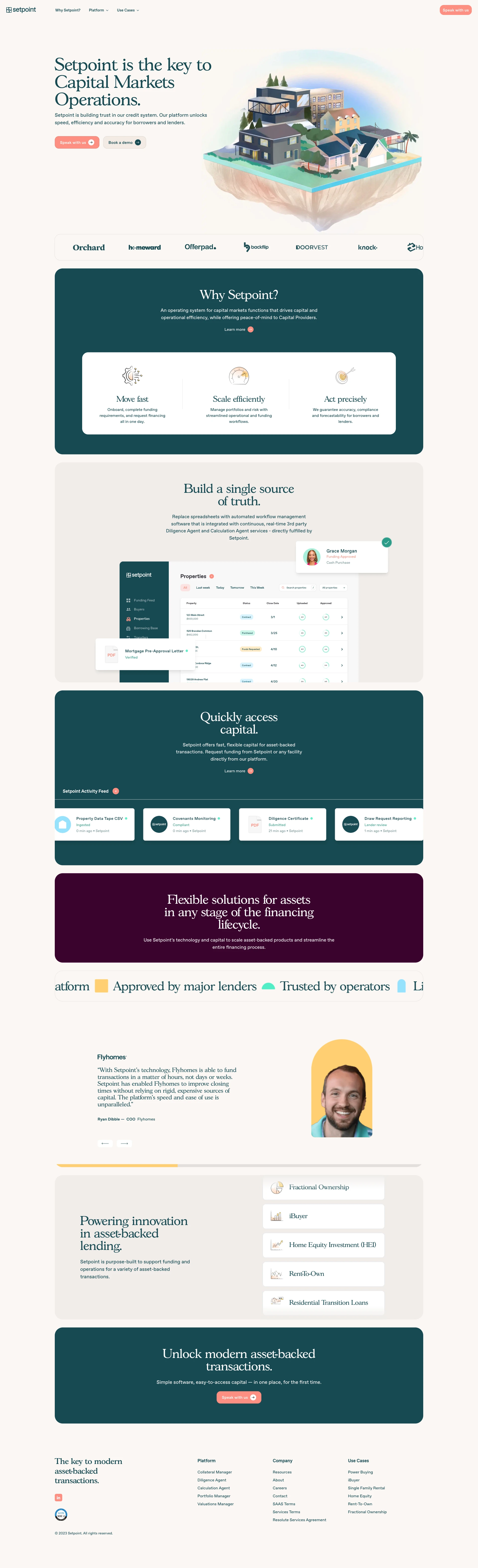 Setpoint Landing Page Example: Setpoint is the key to Capital Markets Operations. Setpoint is building trust in our credit system. Our platform unlocks speed, efficiency and accuracy for borrowers and lenders.