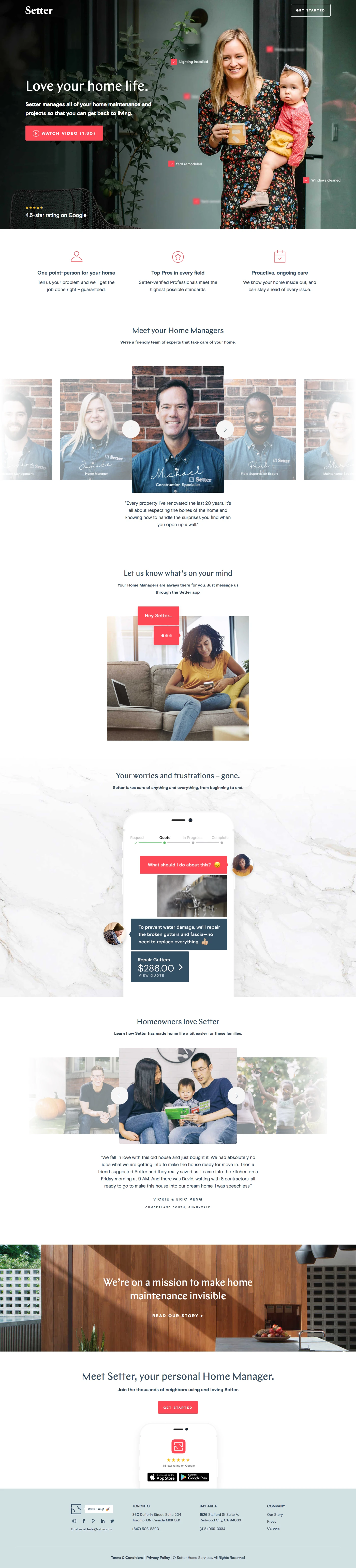 Setter Landing Page Example: Setter manages all of your home maintenance and projects so that you can get back to living.