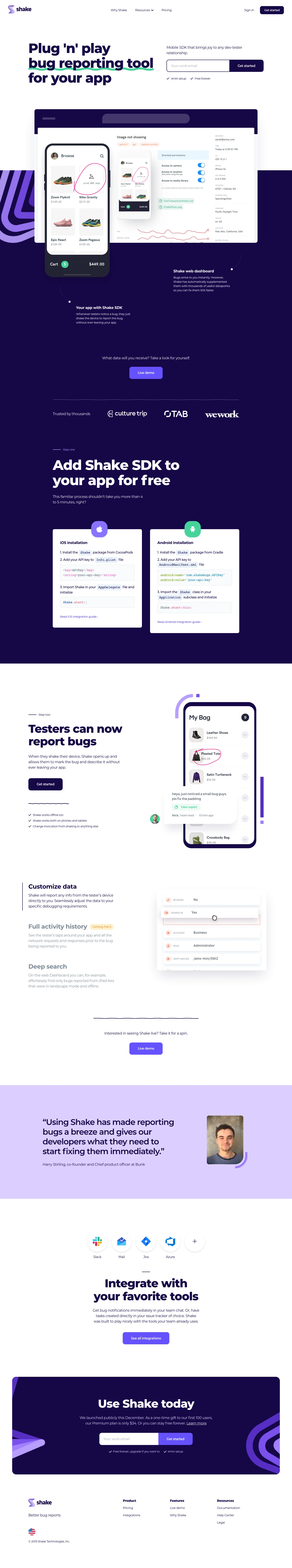 Shake Landing Page Example: Plug 'n' playbug reporting toolfor your app