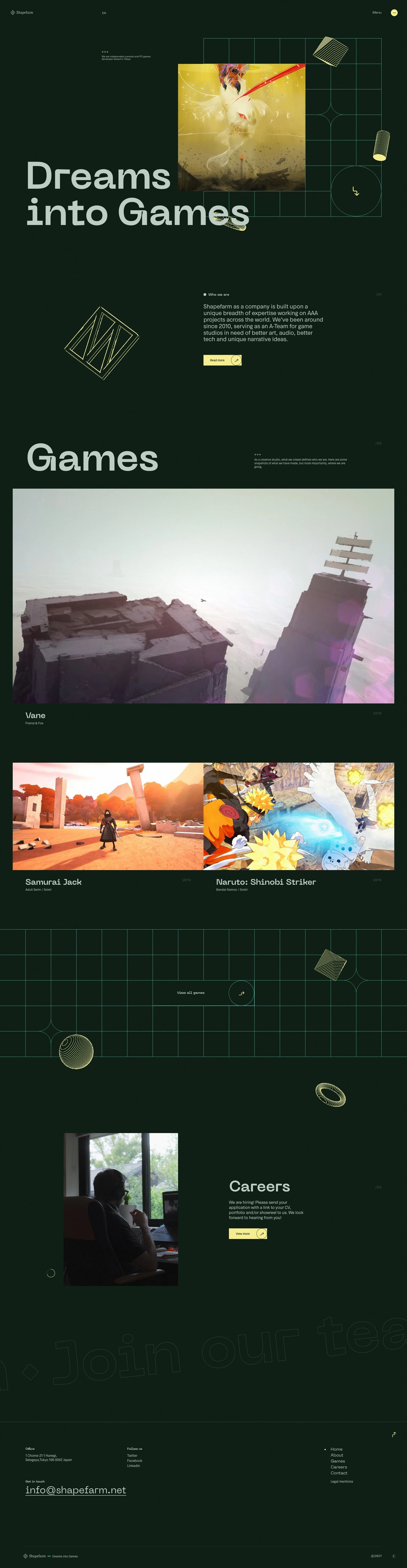 Shapefarm Landing Page Example: Shapefarm is an independant game developer based in Tokyo, Japan.