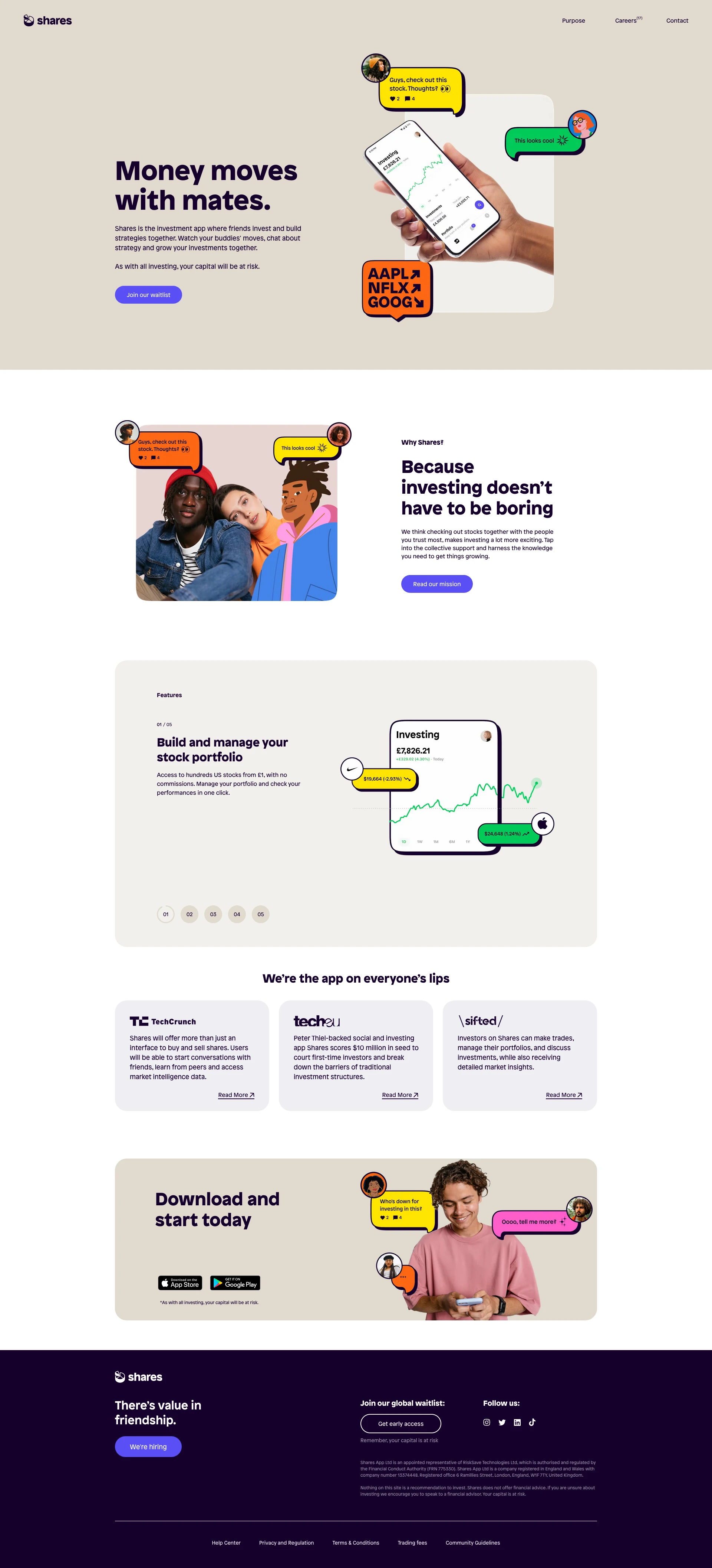 Shares Landing Page Example: Money moves with mates. Shares is the investment app where friends invest and build strategies together. Watch your buddies’ moves, chat about strategy and grow your investments together. As with all investing, your capital will be at risk.