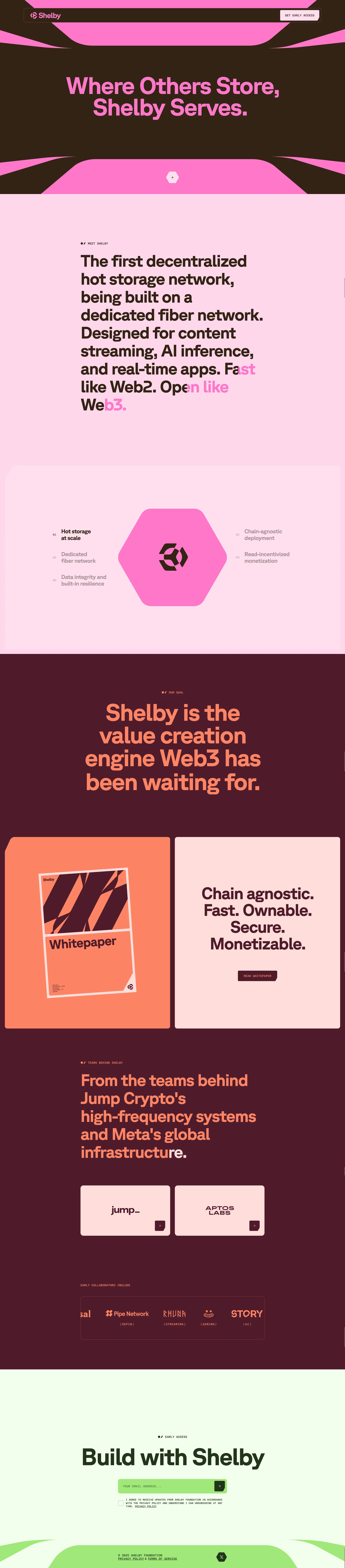 Shelby Landing Page Example: Shelby is a decentralized hot storage protocol for data-rich, read-intensive Web3 apps. Built on a fiber network, it delivers fast reads, logic, and monetization.