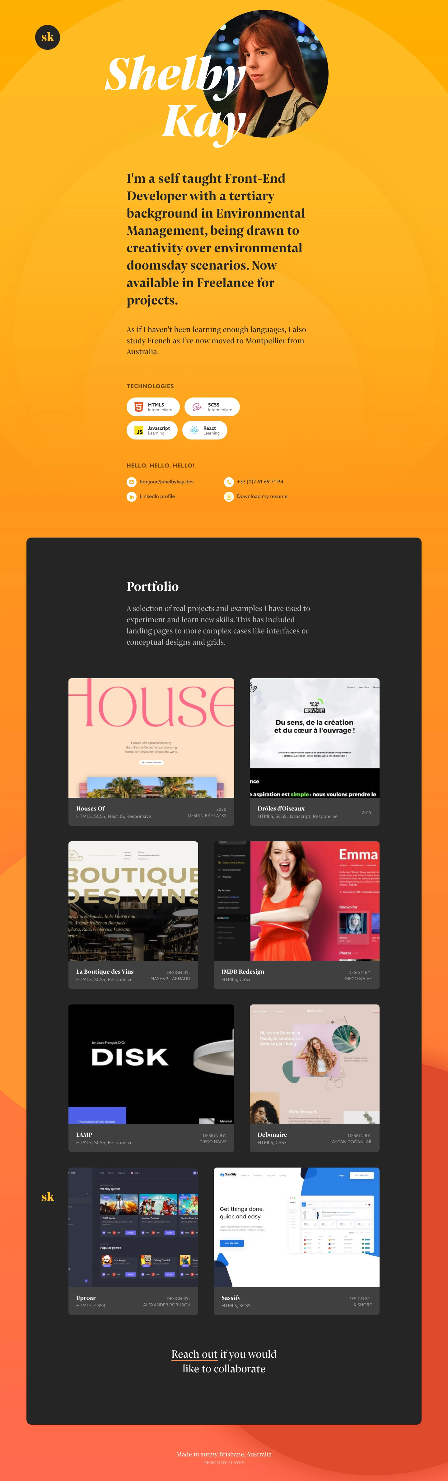 Shelby Kay Landing Page Example: I'm a self taught Front-End Developer with a tertiary background in Environmental Management, being drawn to creativity over environmental doomsday scenarios. Now available in Freelance for projects.
